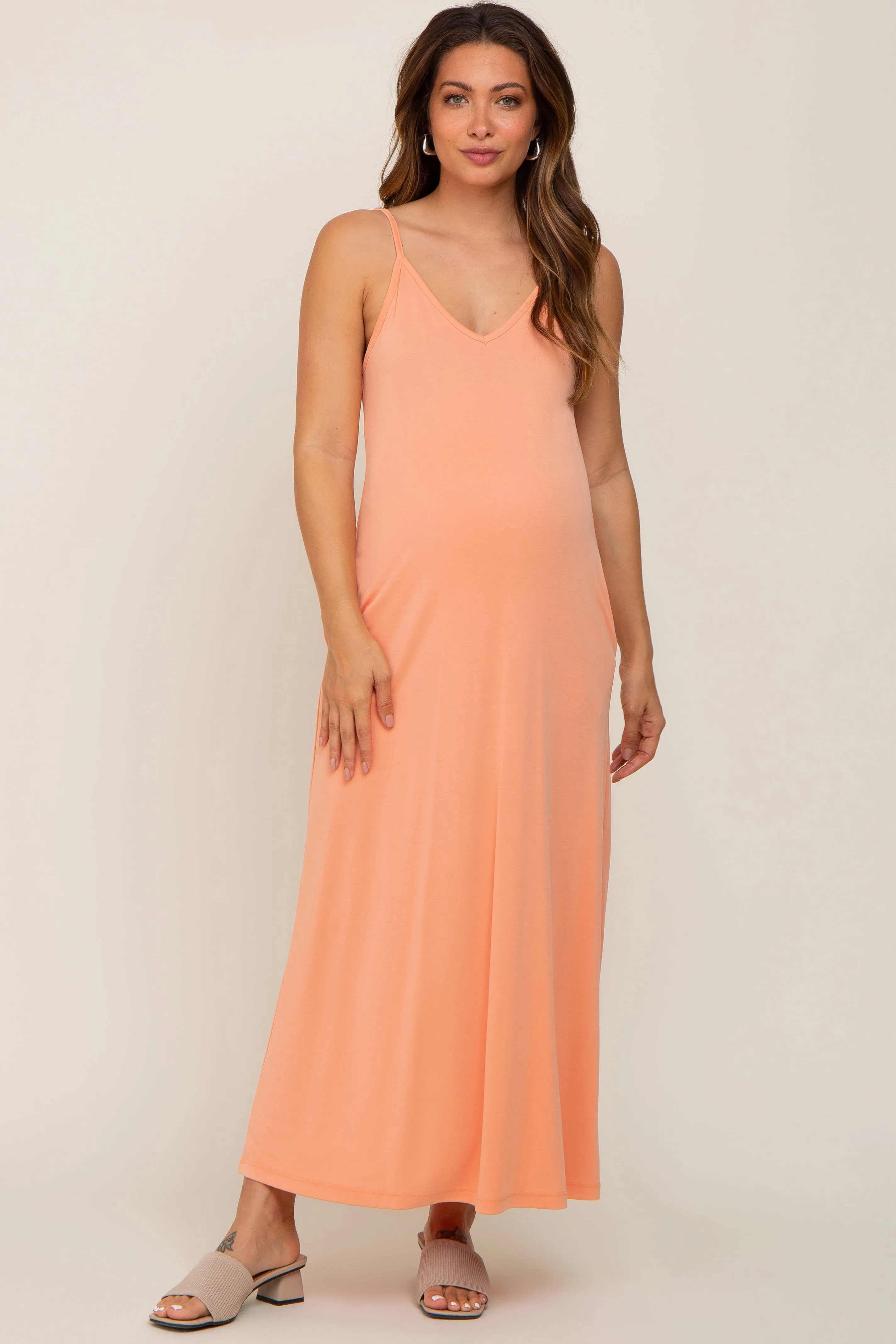 Peach Sleeveless V-Neck Maternity Maxi Dress sold by Pinkblush