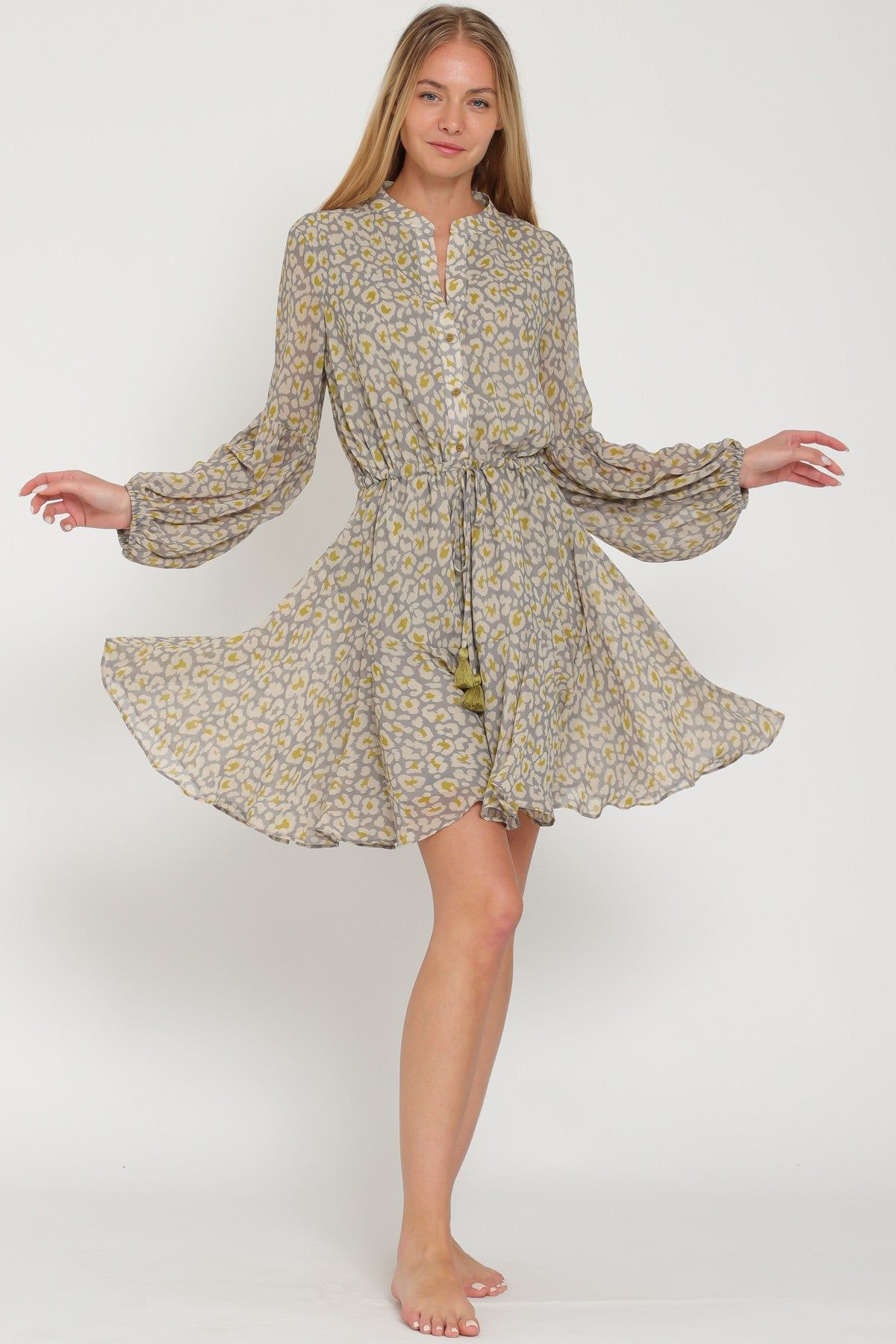 Grey Long Sleeve Button Down Tie Front Waisted Mini Dress sold by Pinkblush product image thumbnail 4