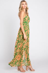Green Floral Chiffon Pleated V-Neck Sleeveless Maxi Dress sold by Pinkblush