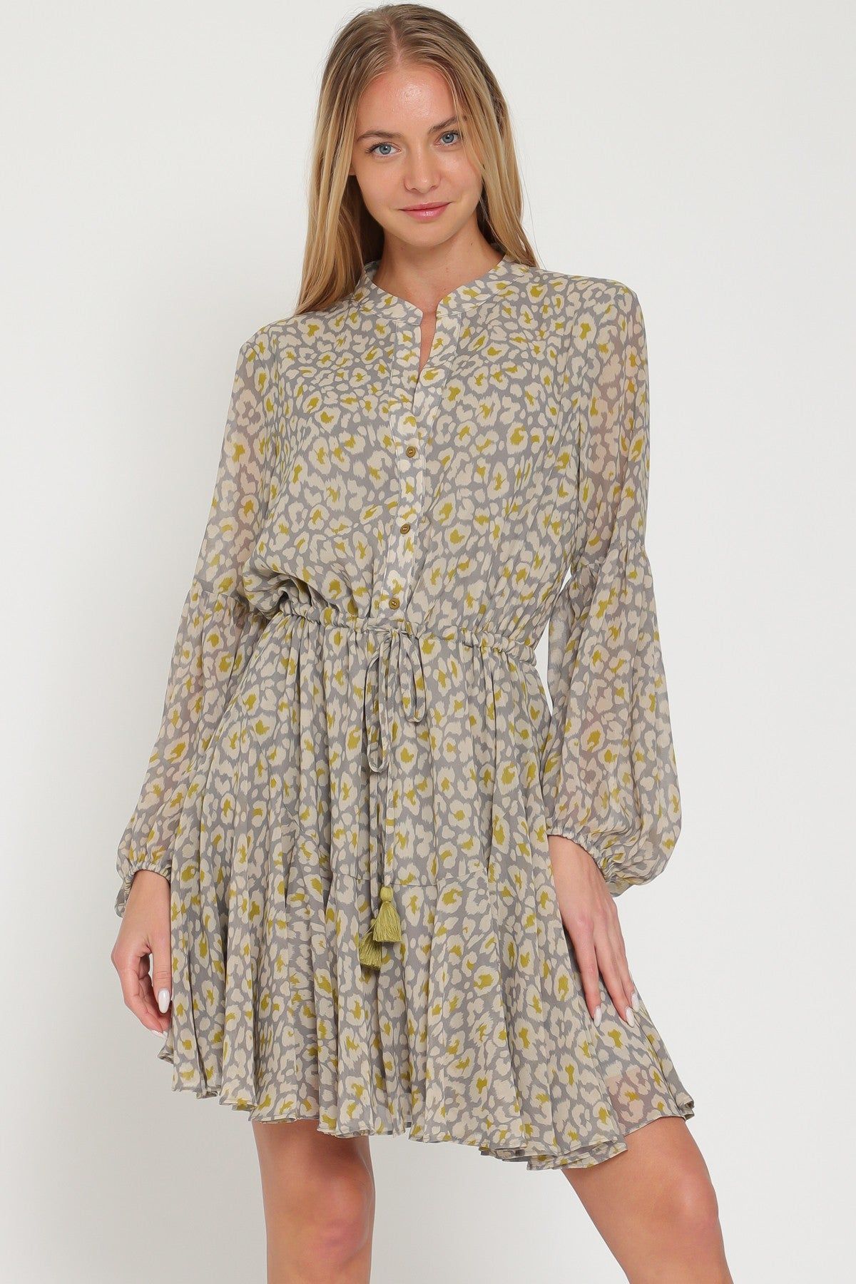 Grey Long Sleeve Button Down Tie Front Waisted Mini Dress sold by Pinkblush