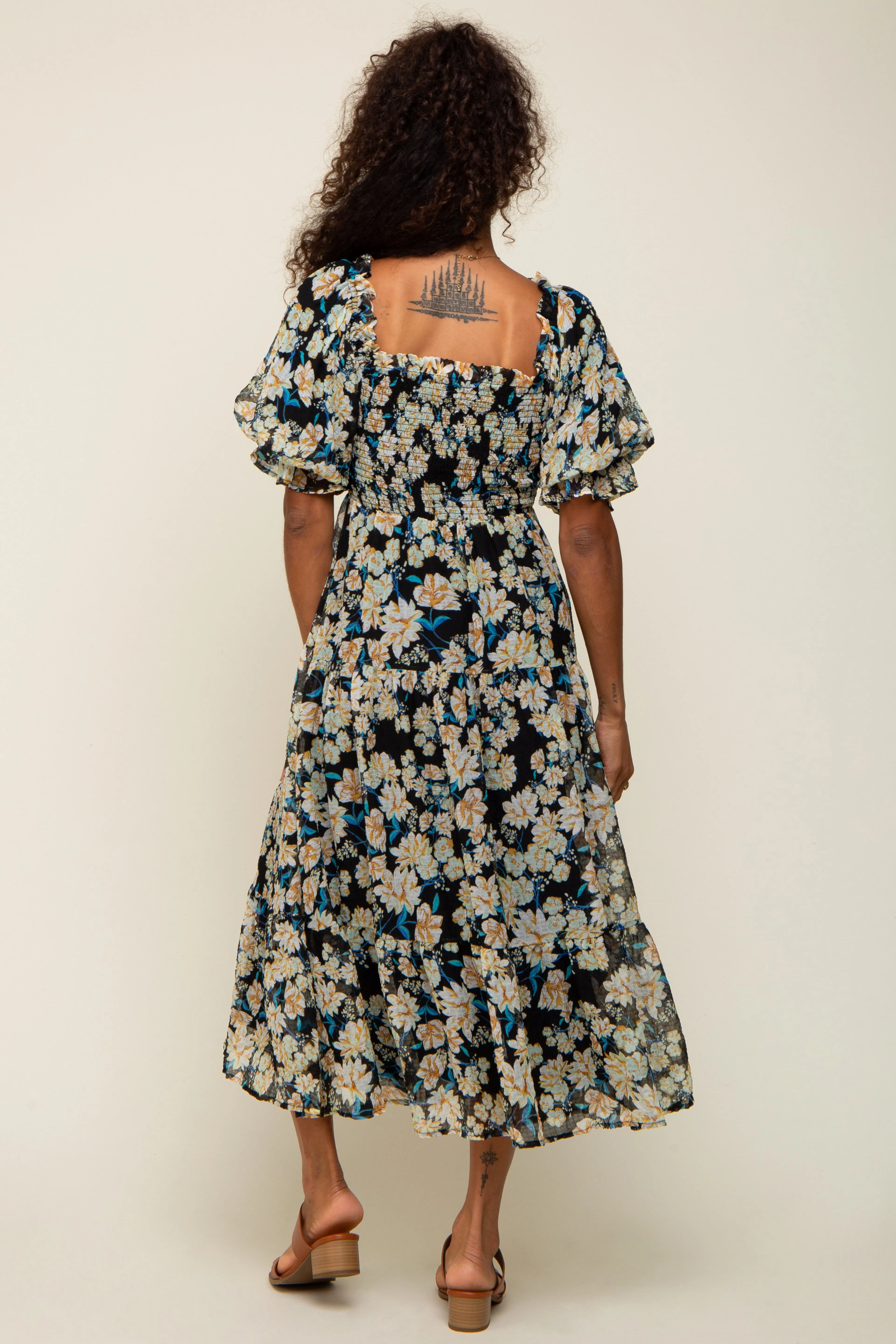 Black Floral Puff Sleeve Midi Dress sold by Pinkblush product image thumbnail 3