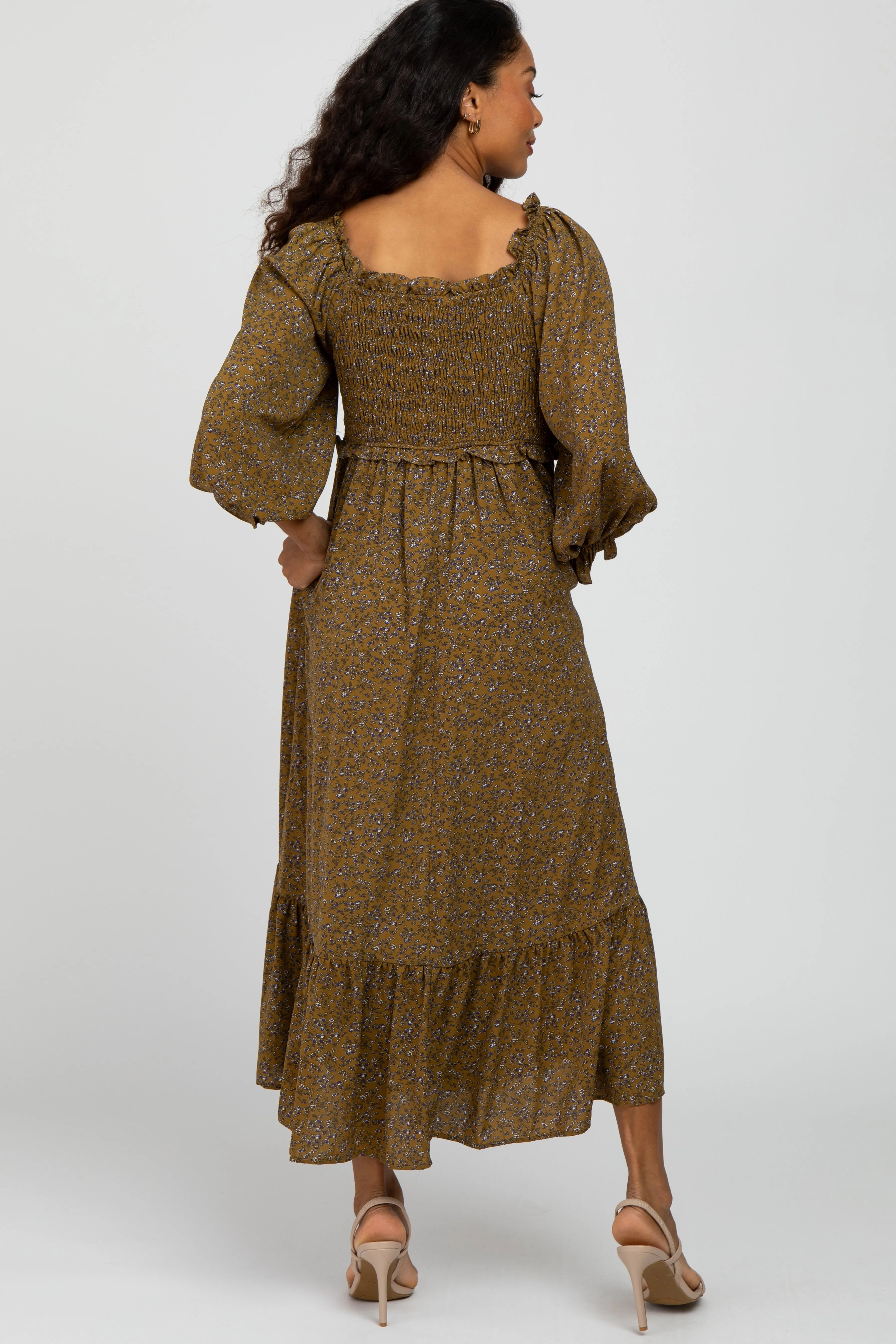 Olive Floral Ruffle Sweetheart Neck Midi Dress sold by Pinkblush product image thumbnail 3