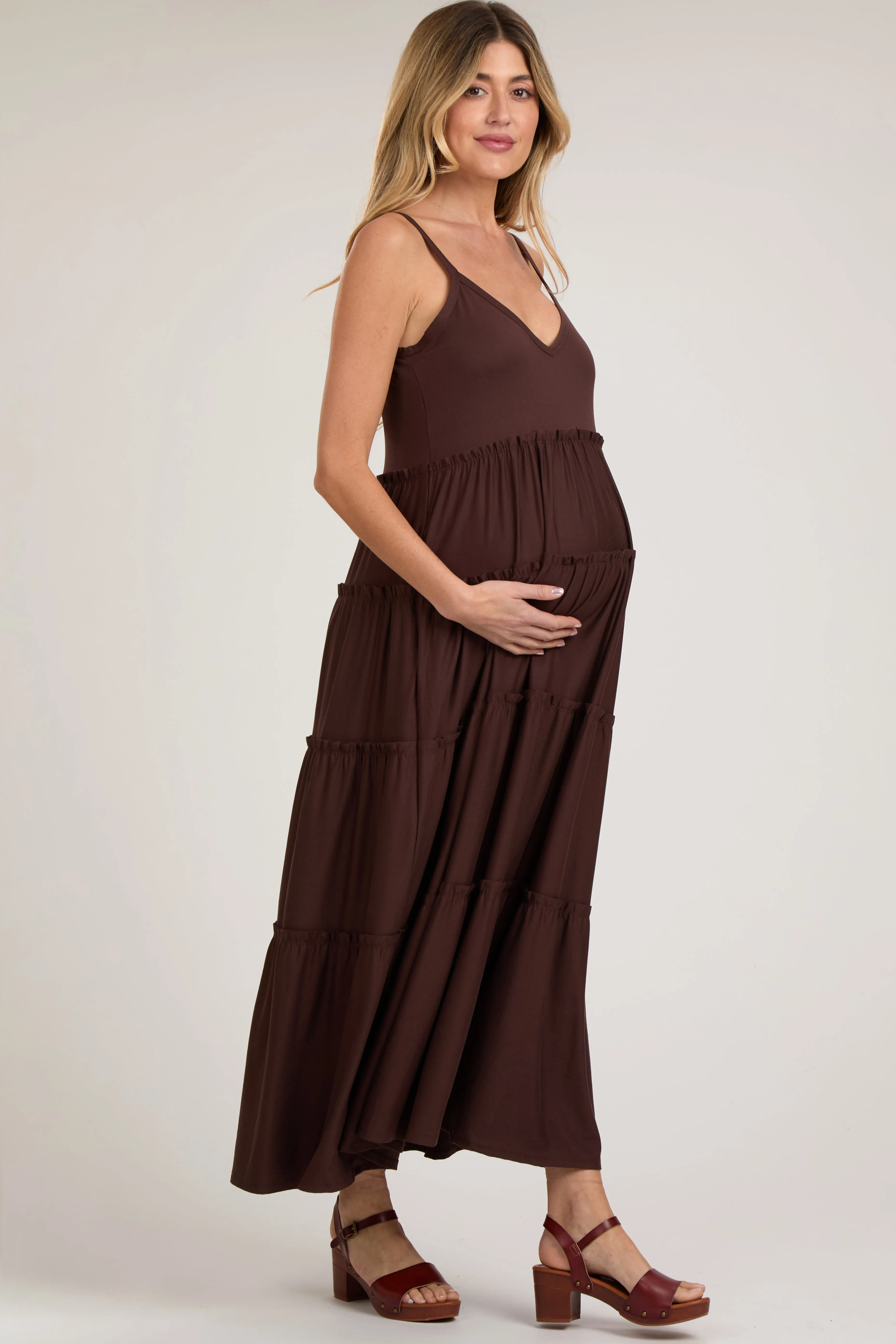 Brown Tiered Sleeveless Maternity Maxi Dress sold by Pinkblush product image thumbnail 2