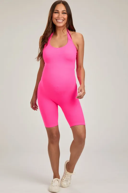 Fuchsia Ribbed Fitted Halter Maternity Romper sold by Pinkblush