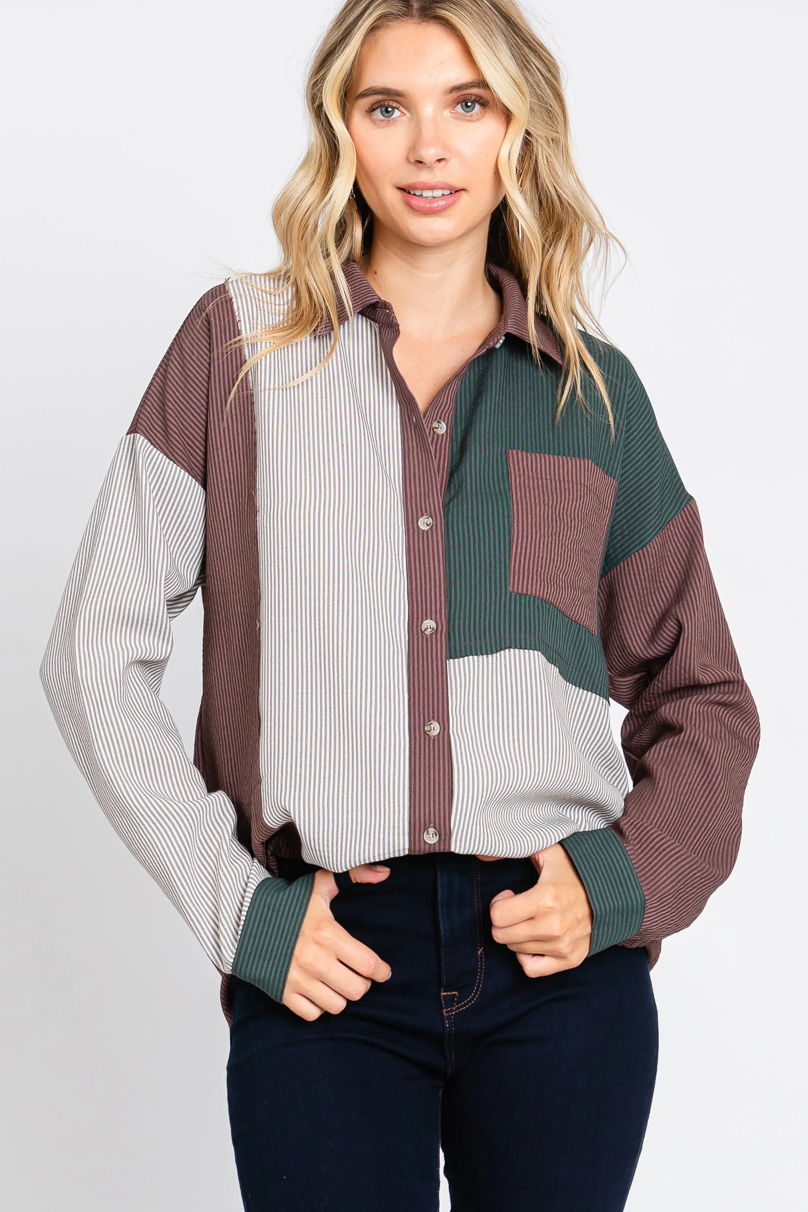 Multi-Color Striped Color Blocked Button-Down Top sold by Pinkblush