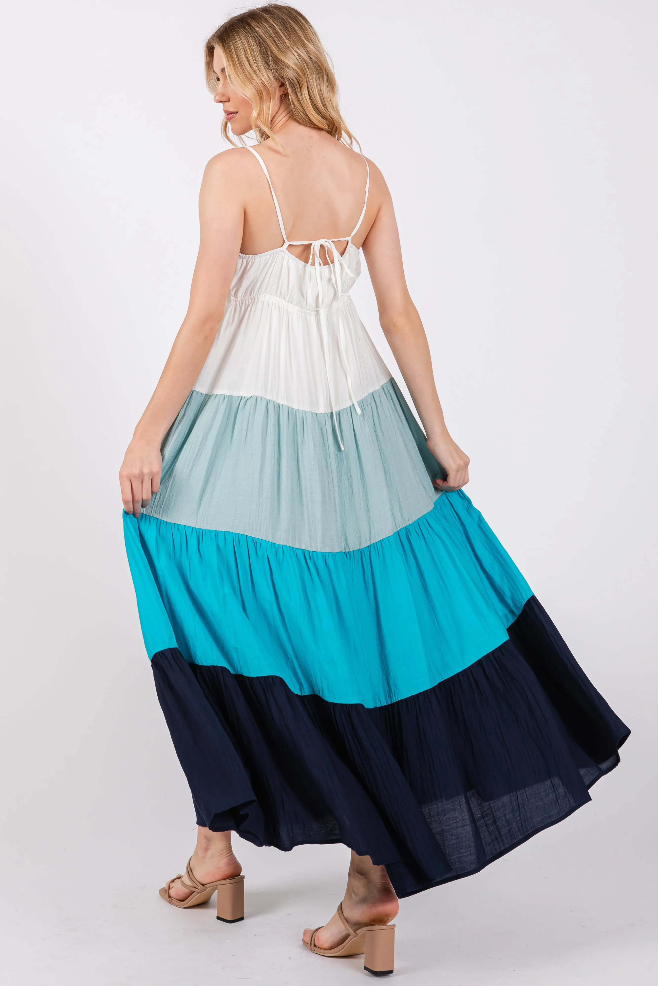 Aqua V-Neck Tiered Color Block Midi Dress sold by Pinkblush product image thumbnail 3