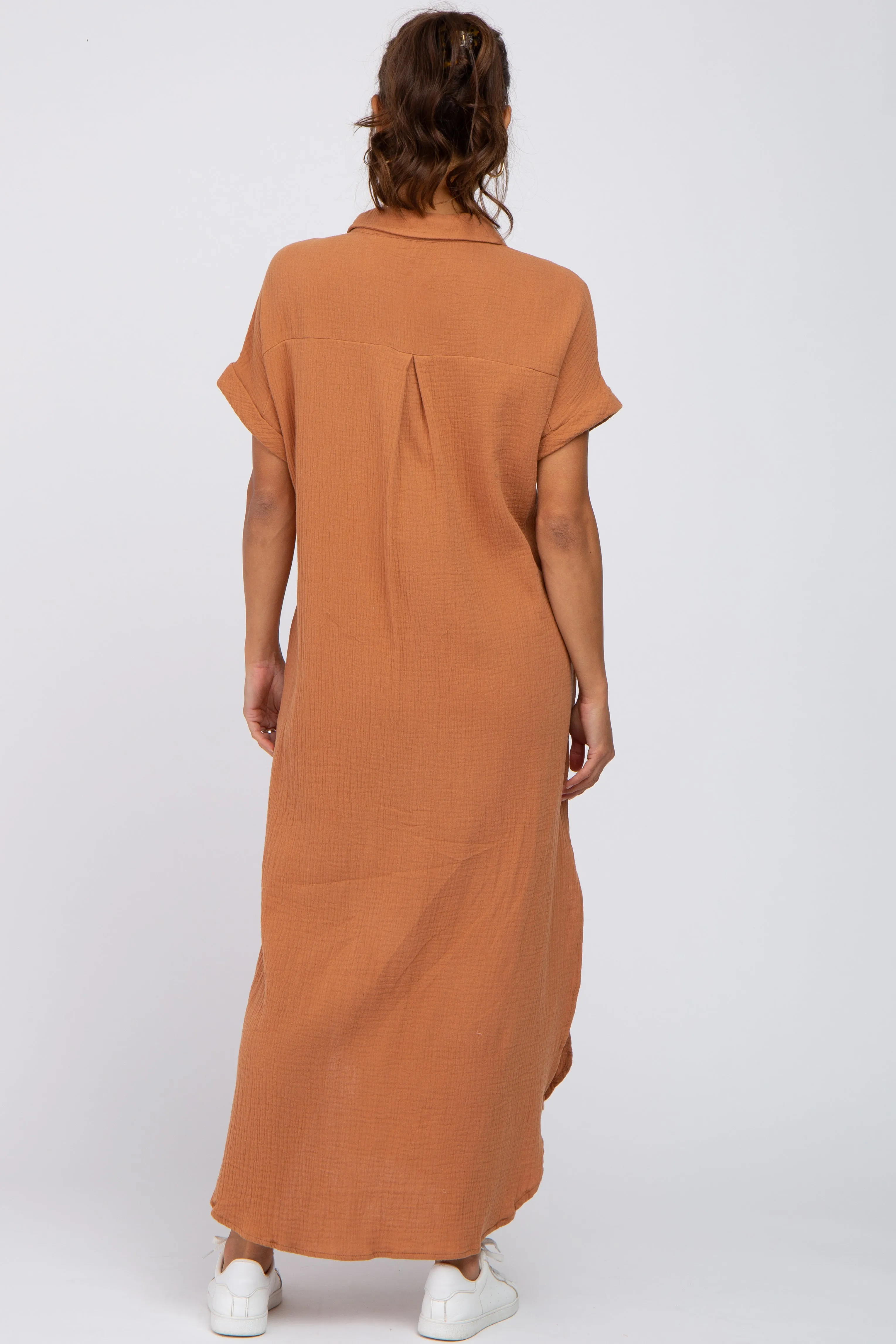 Camel Button Down Maternity Midi Dress sold by Pinkblush product image thumbnail 3