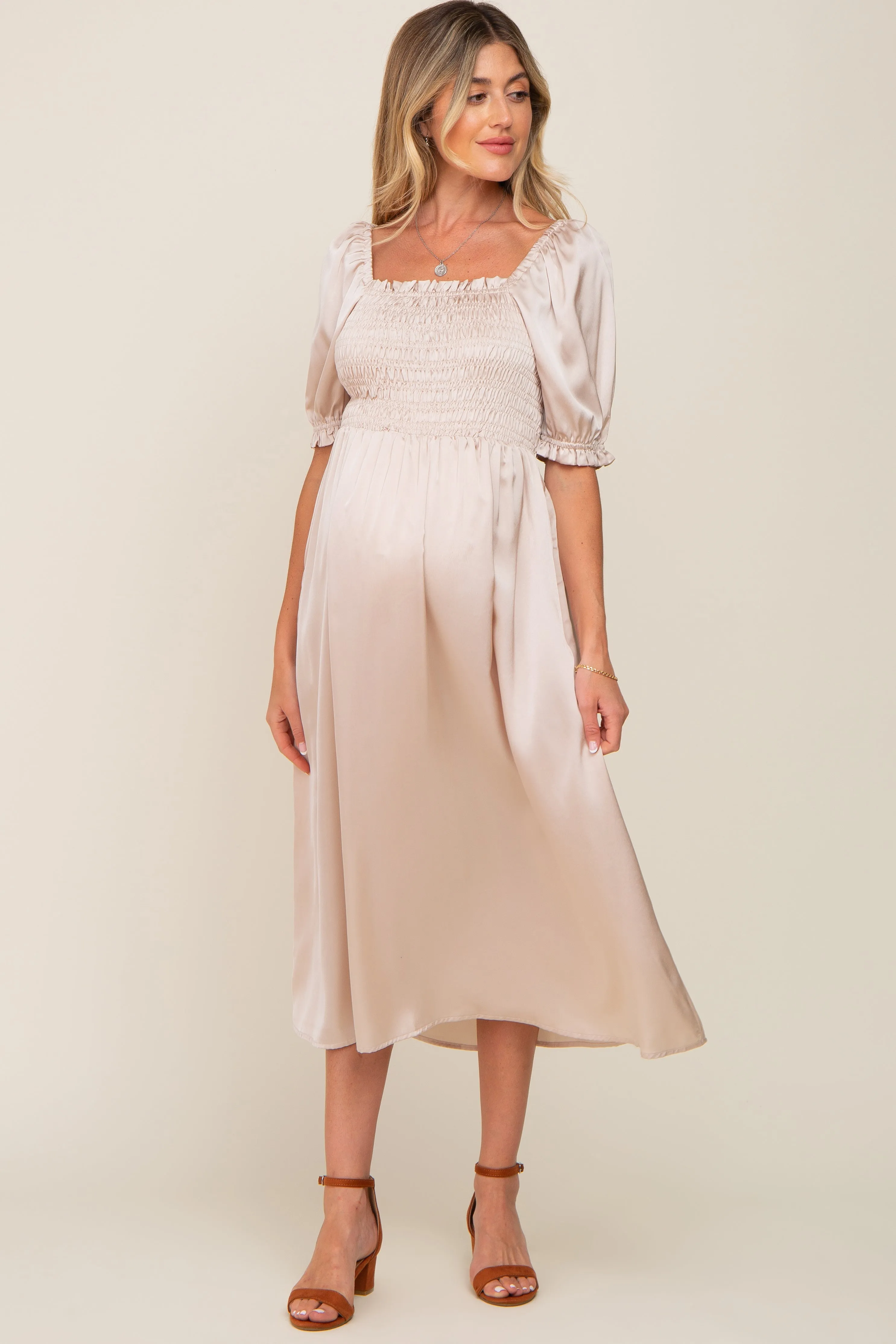 Cream Satin Puff Sleeve Maternity Midi Dress sold by Pinkblush product image thumbnail 4