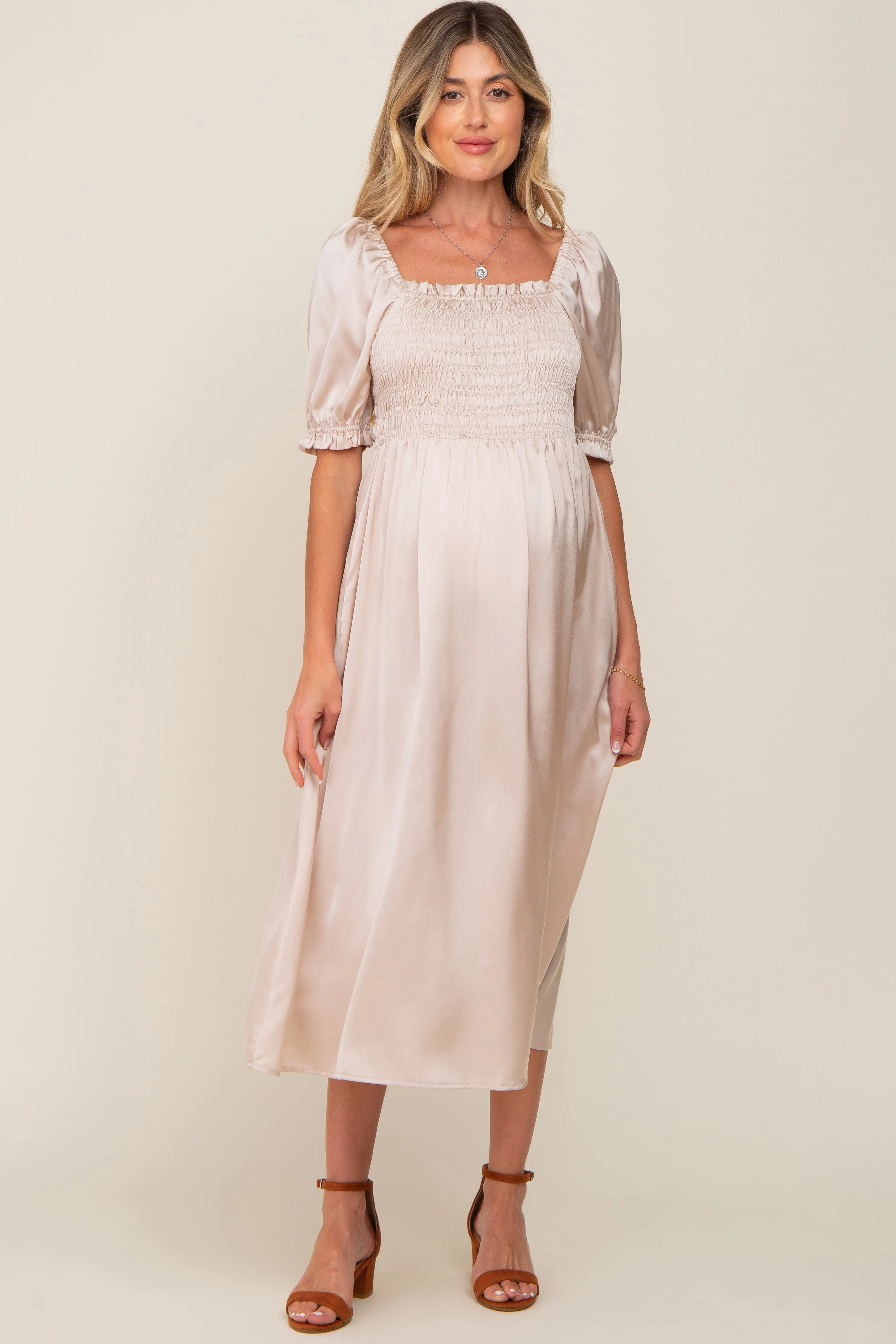 Cream Satin Puff Sleeve Maternity Midi Dress sold by Pinkblush