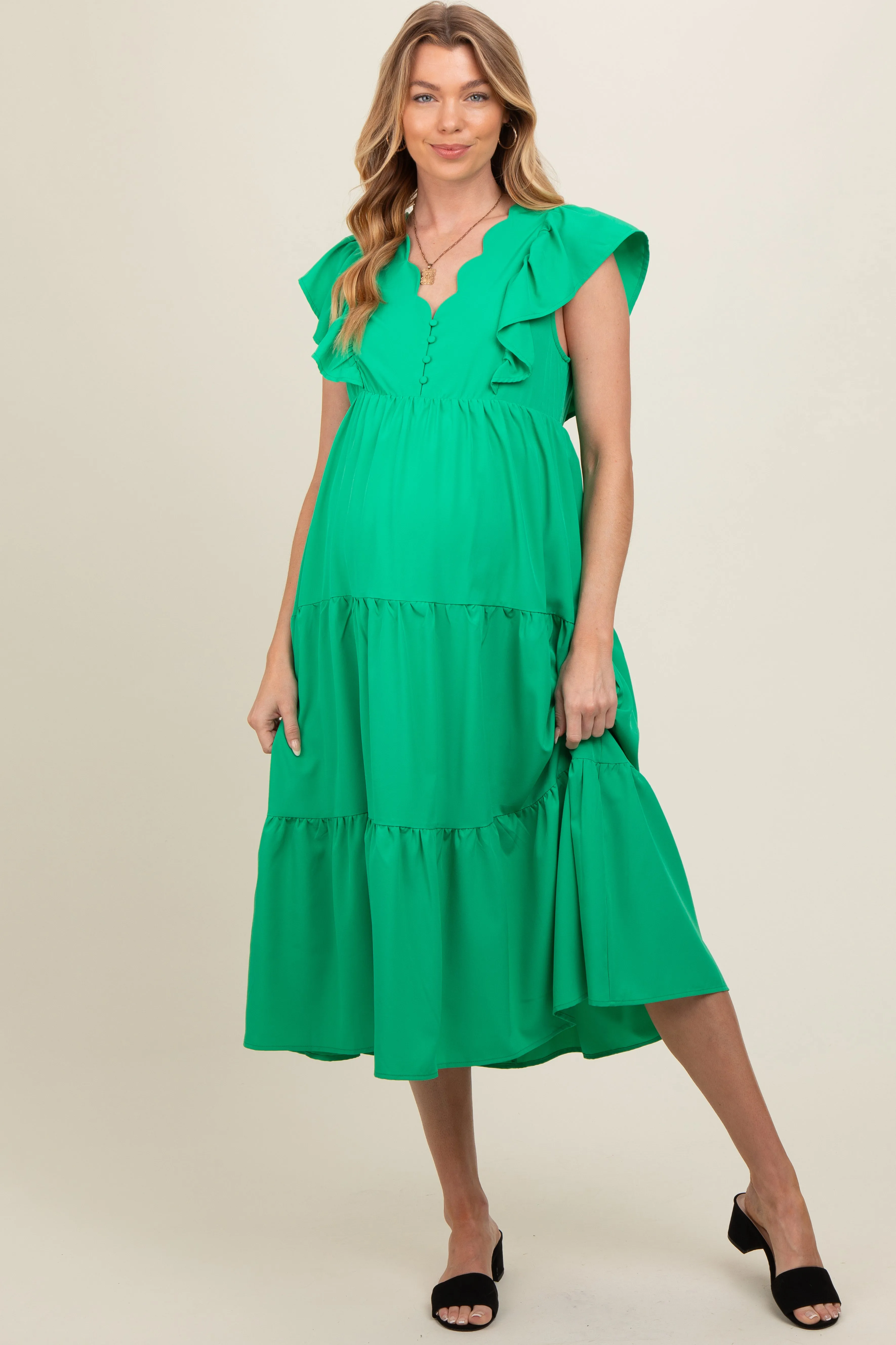 Green Flutter Sleeve Tiered Maternity Midi Dress sold by Pinkblush