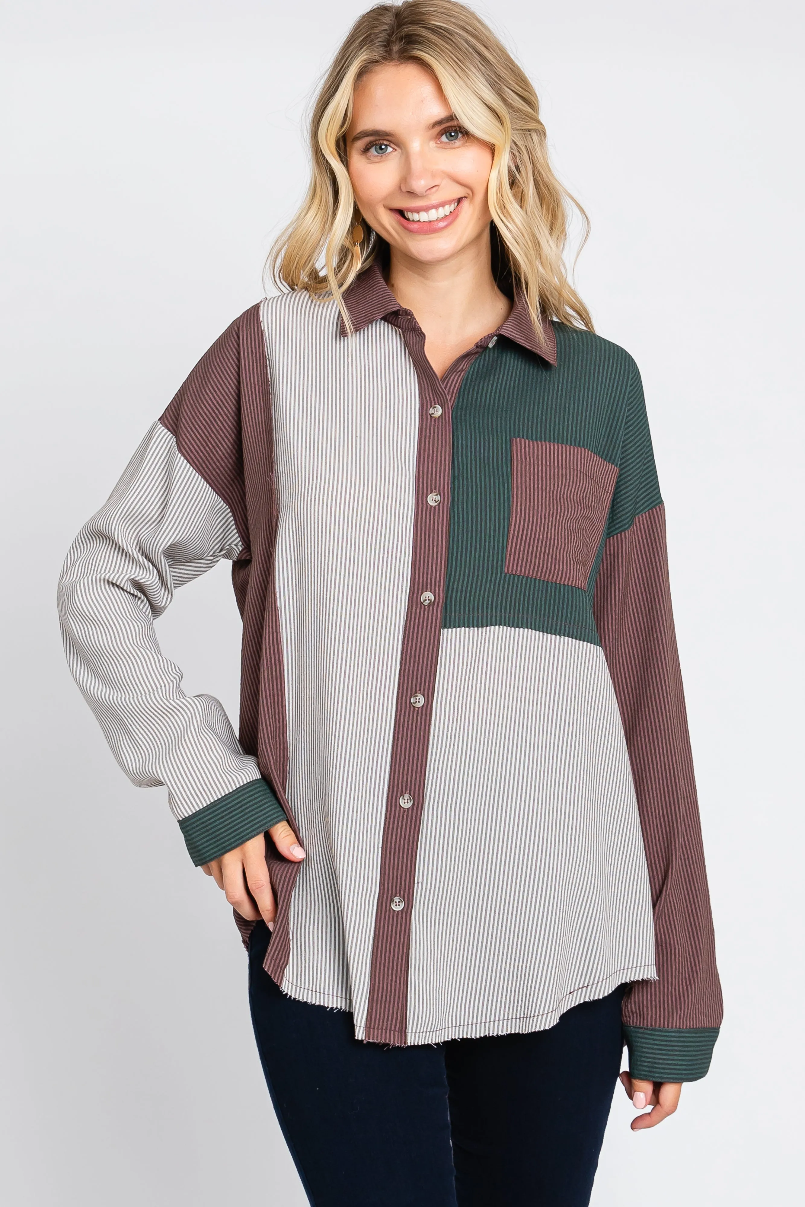 Multi-Color Striped Color Blocked Button-Down Top sold by Pinkblush product image thumbnail 2