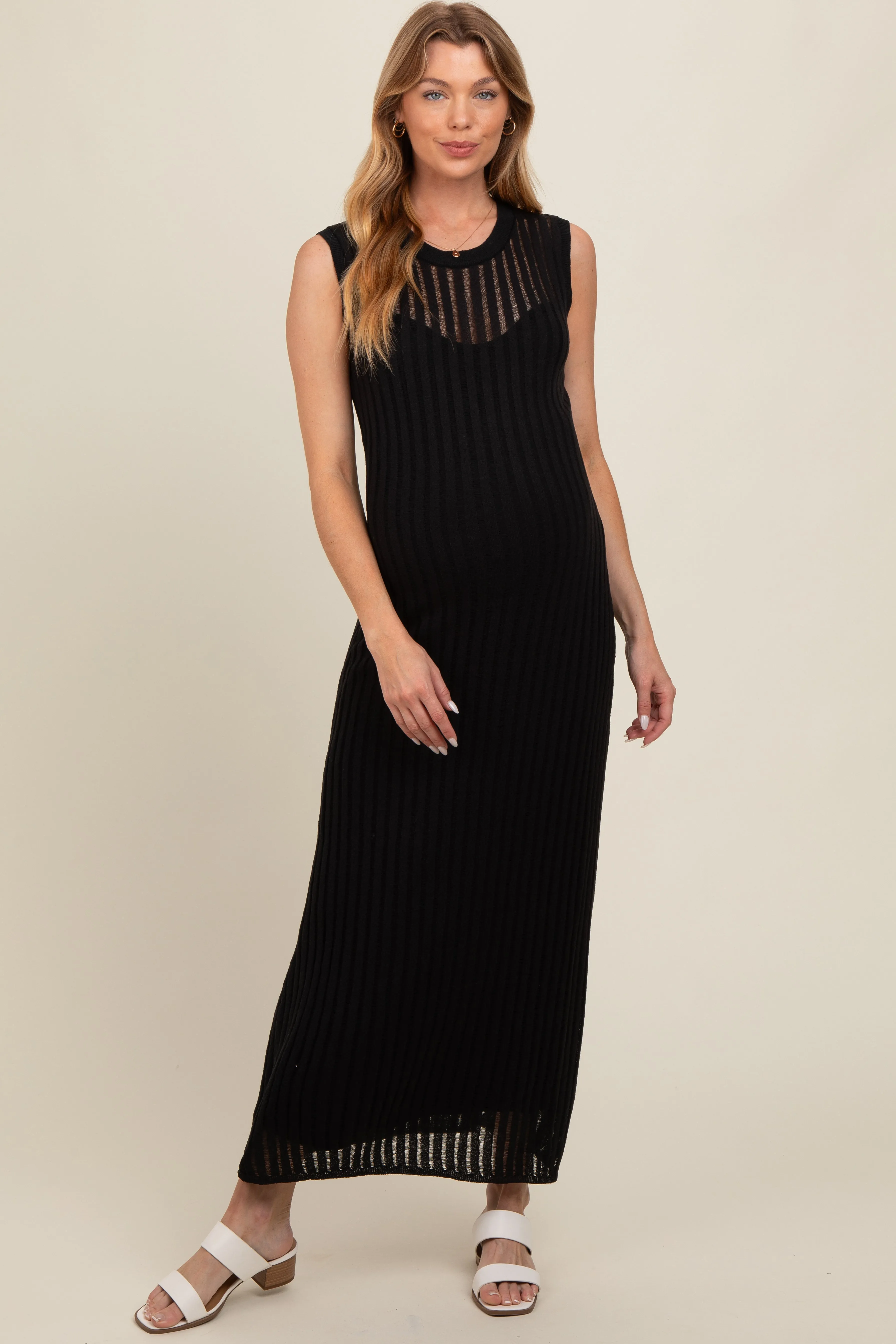 Black Sheer Knit Layered Maternity Maxi Dress sold by Pinkblush