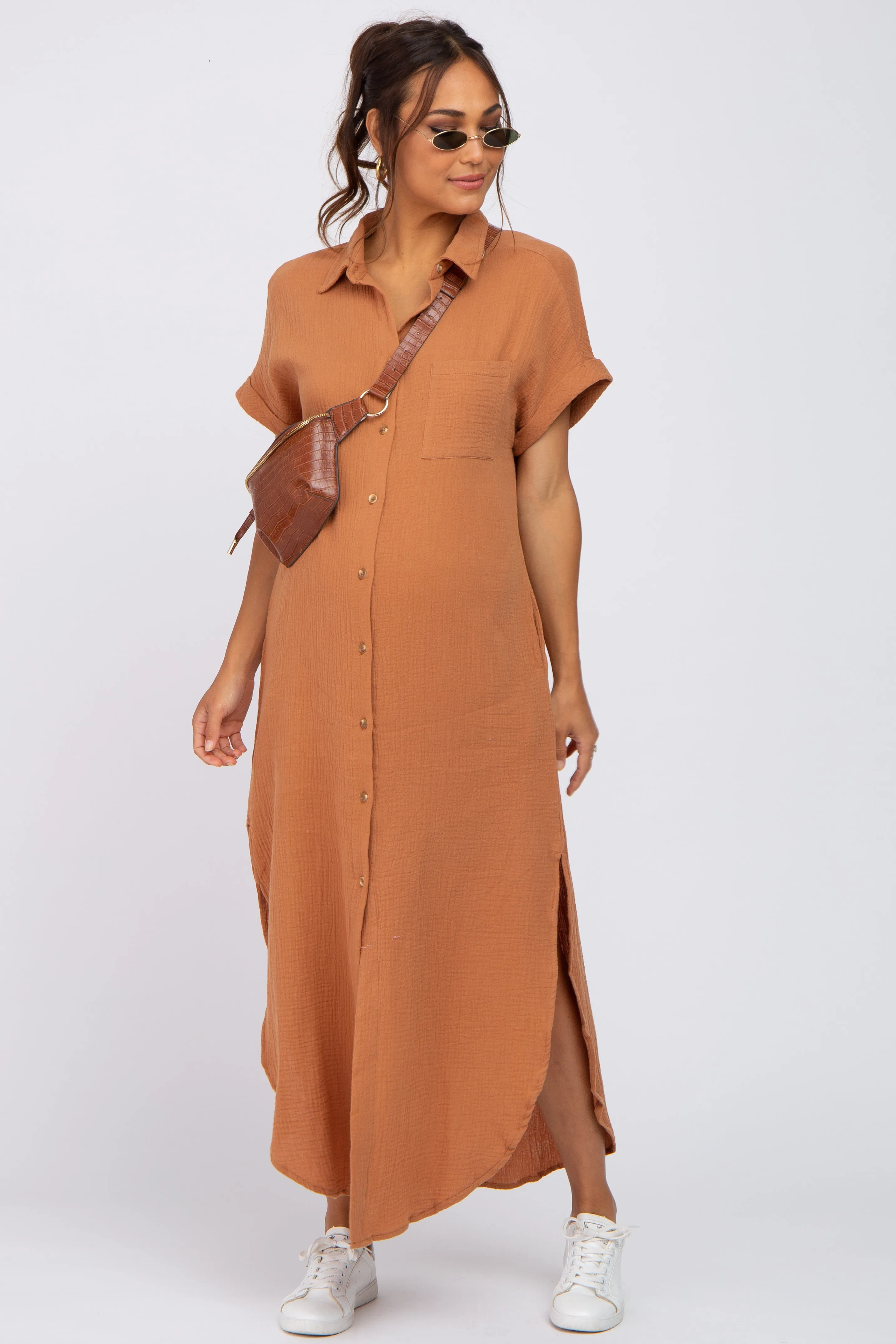 Camel Button Down Maternity Midi Dress sold by Pinkblush product image thumbnail 4