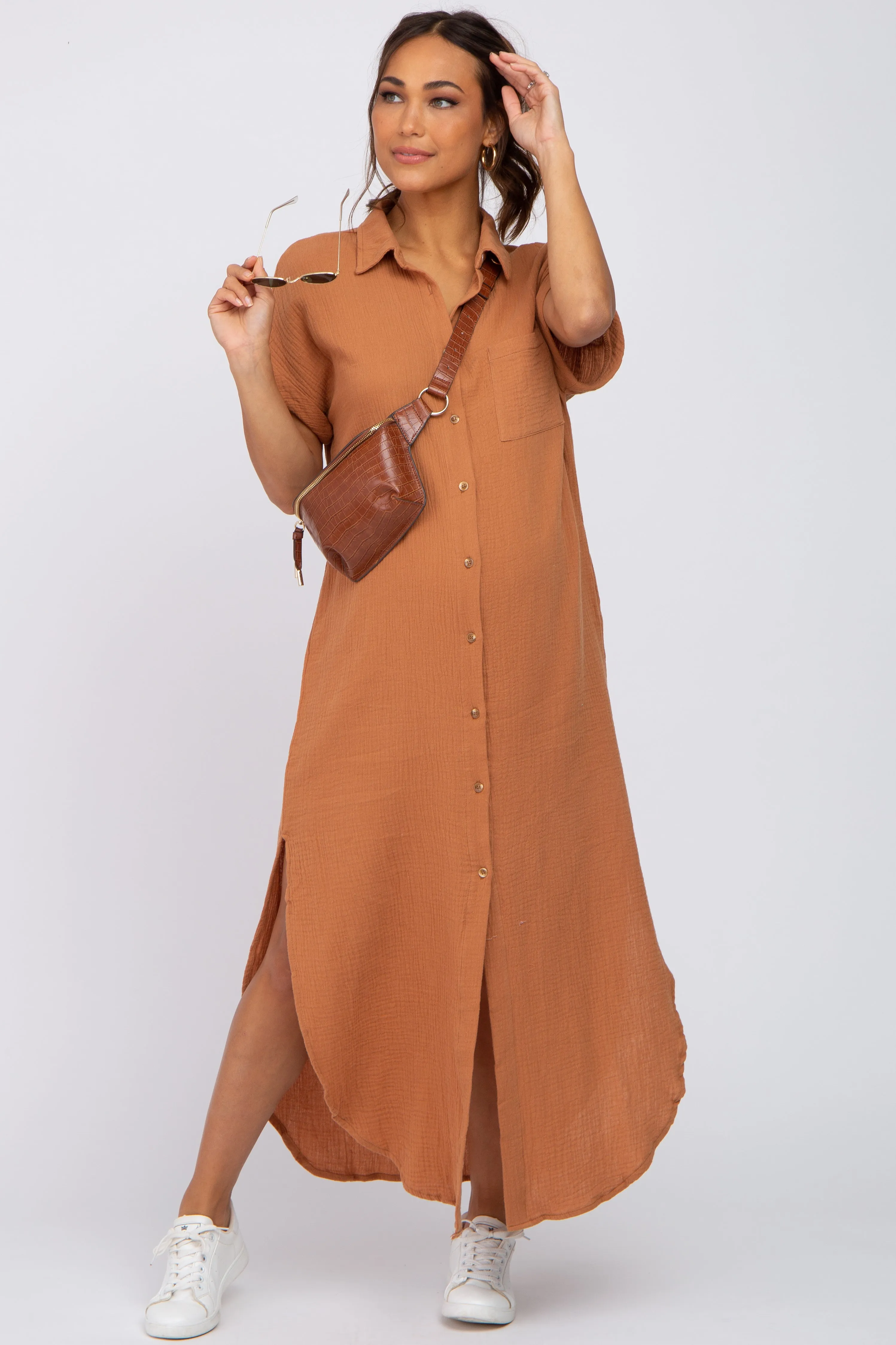 Camel Button Down Maternity Midi Dress sold by Pinkblush