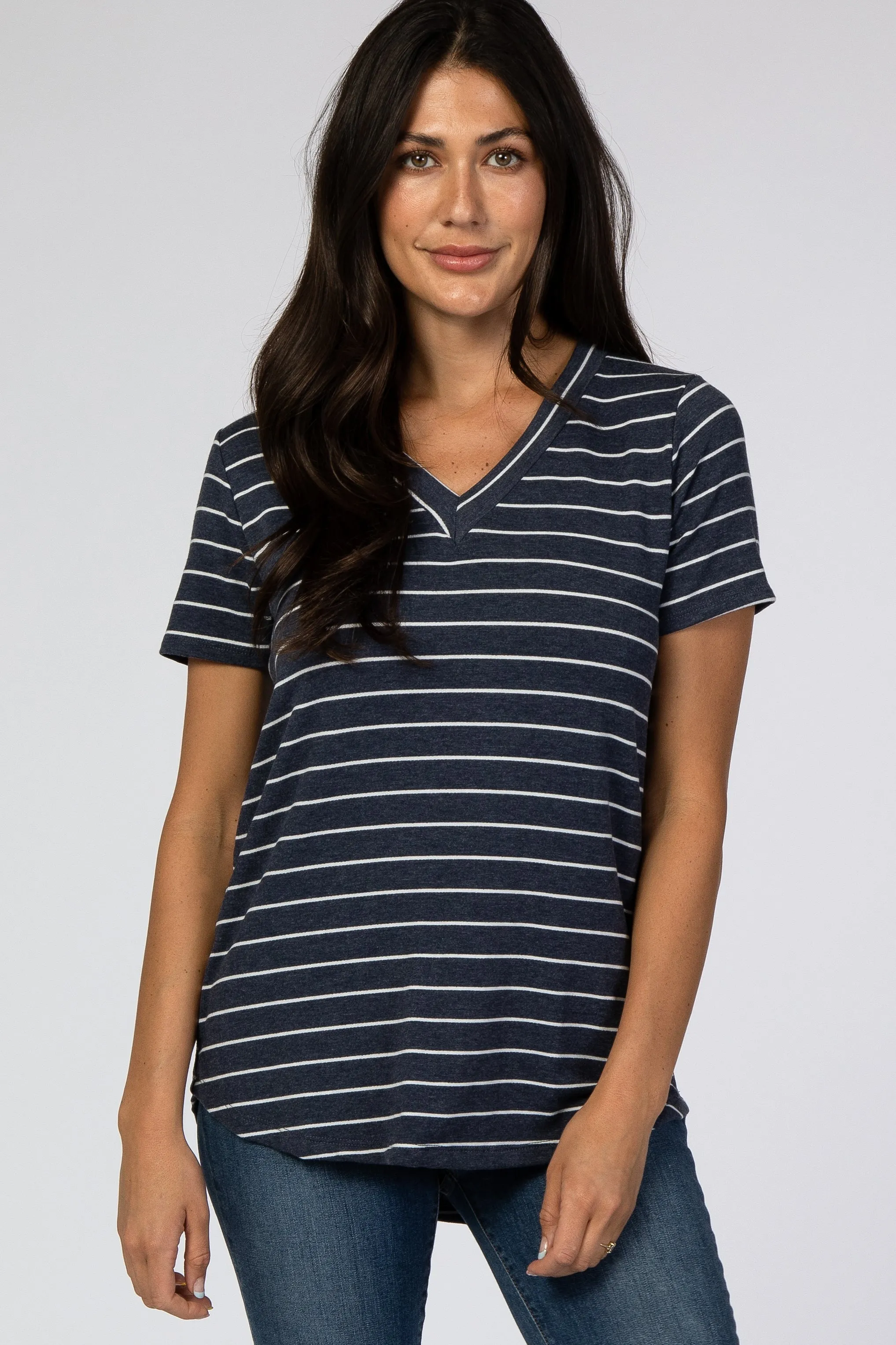 Navy Blue Striped V-Neck Top sold by Pinkblush
