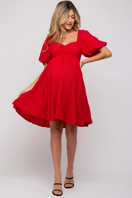 Red Puff Sleeve Maternity Dress sold by Pinkblush
