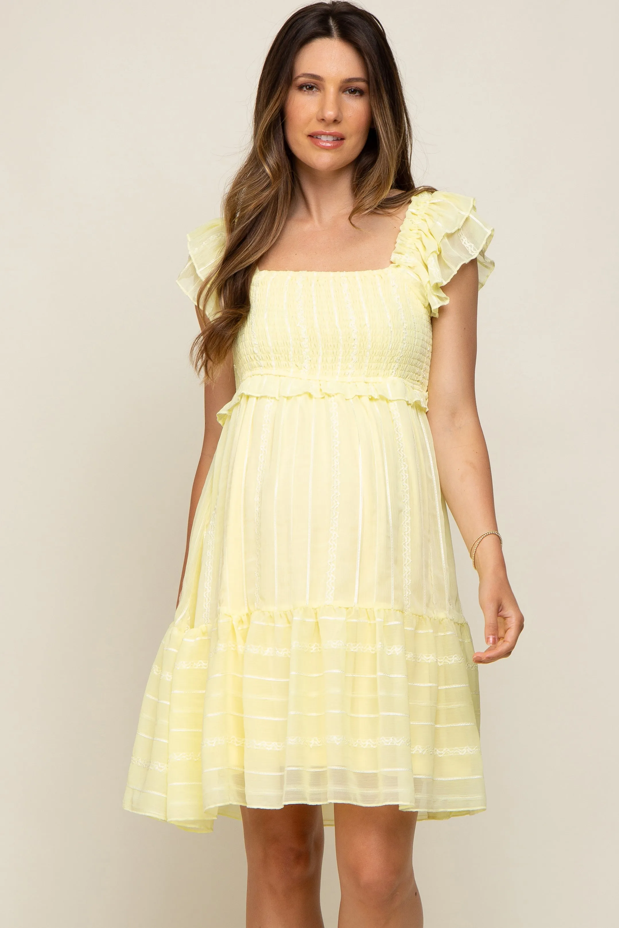 Yellow Striped Trim Layered Flounce Sleeve Maternity Dress sold by Pinkblush product image thumbnail 2