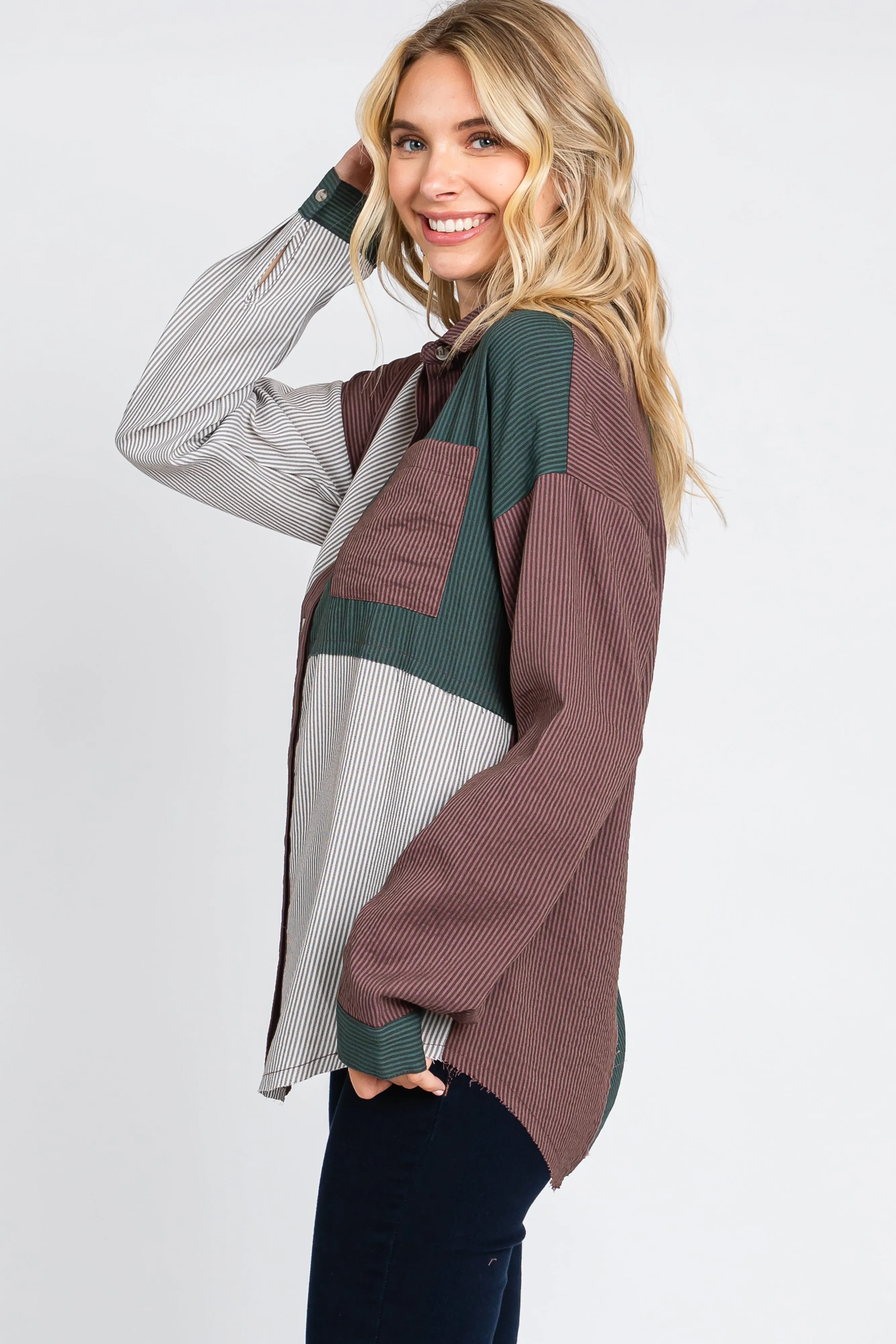 Multi-Color Striped Color Blocked Button-Down Top sold by Pinkblush product image thumbnail 3