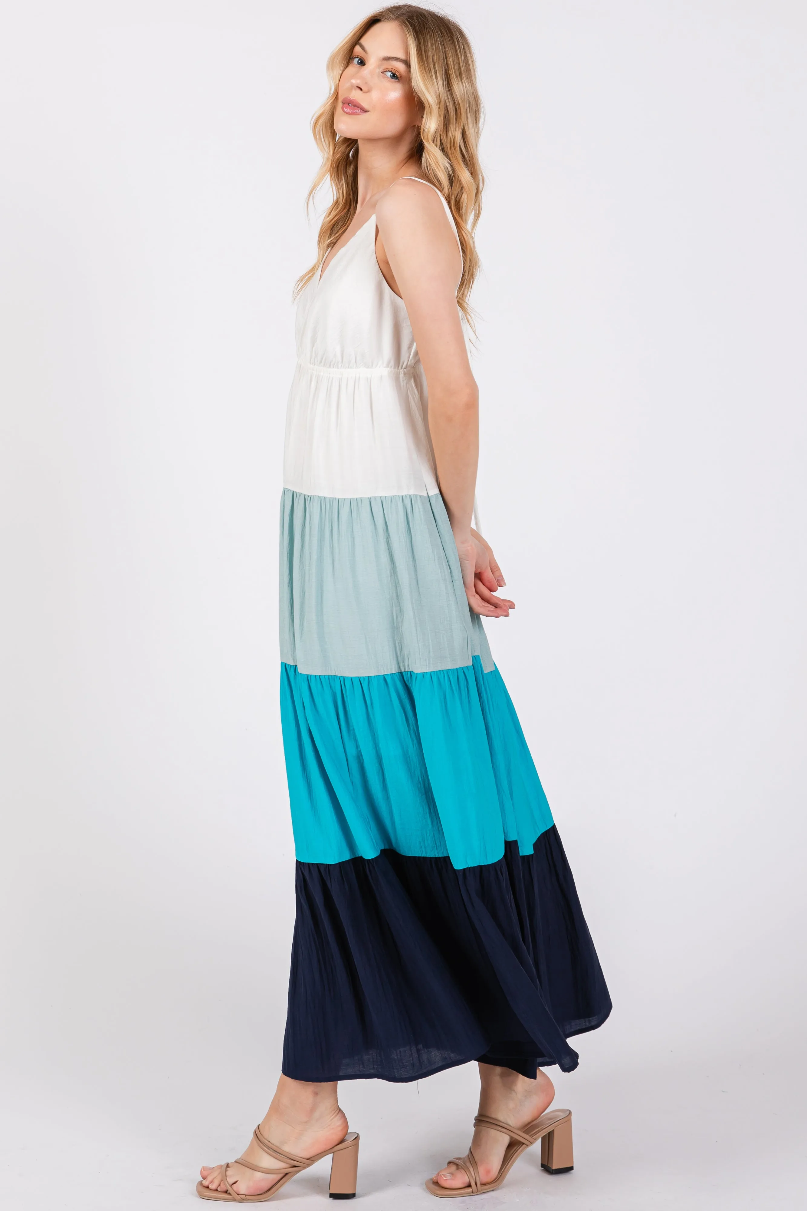 Aqua V-Neck Tiered Color Block Midi Dress sold by Pinkblush product image thumbnail 2