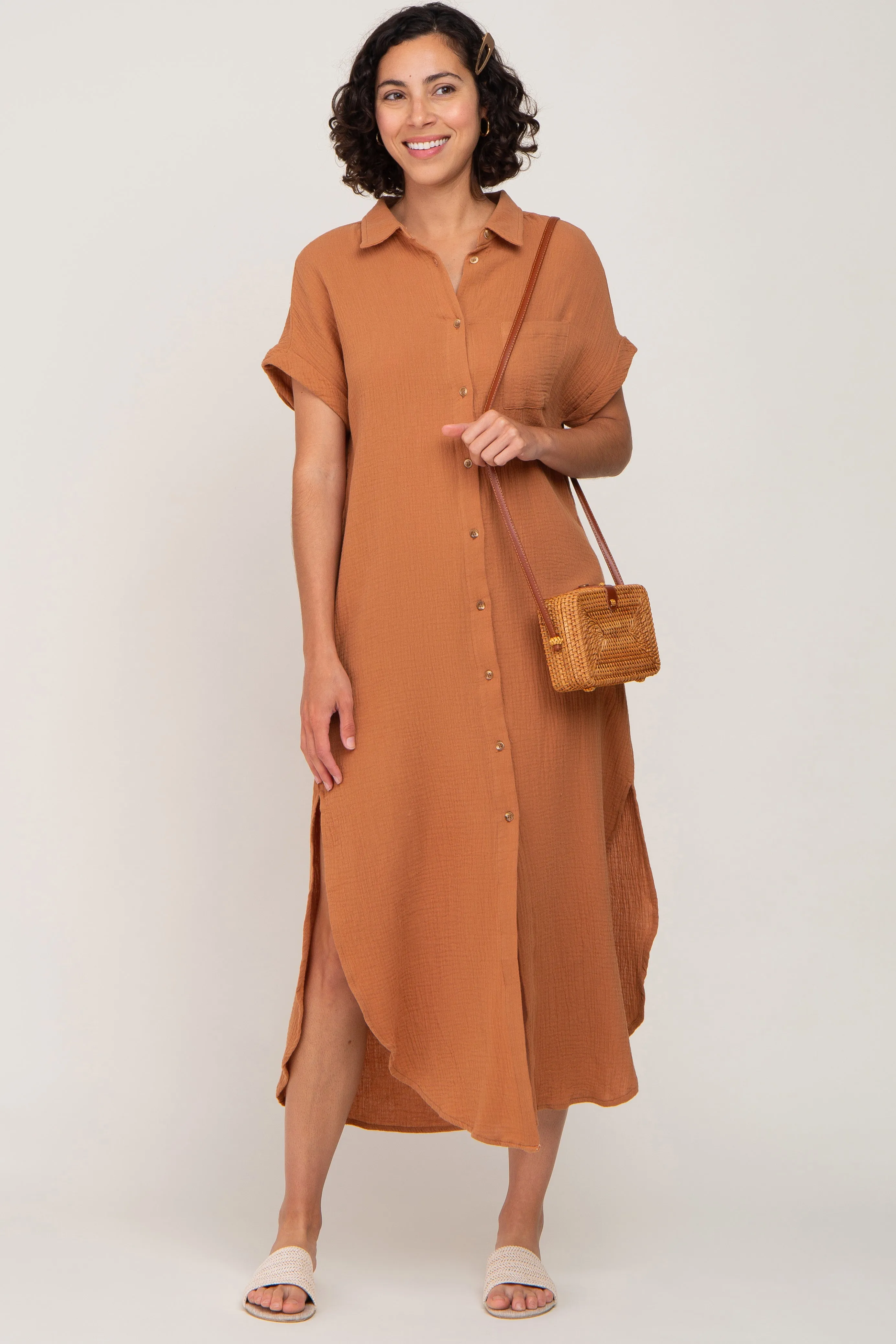 Camel Button Down Maternity Midi Dress sold by Pinkblush product image thumbnail 5