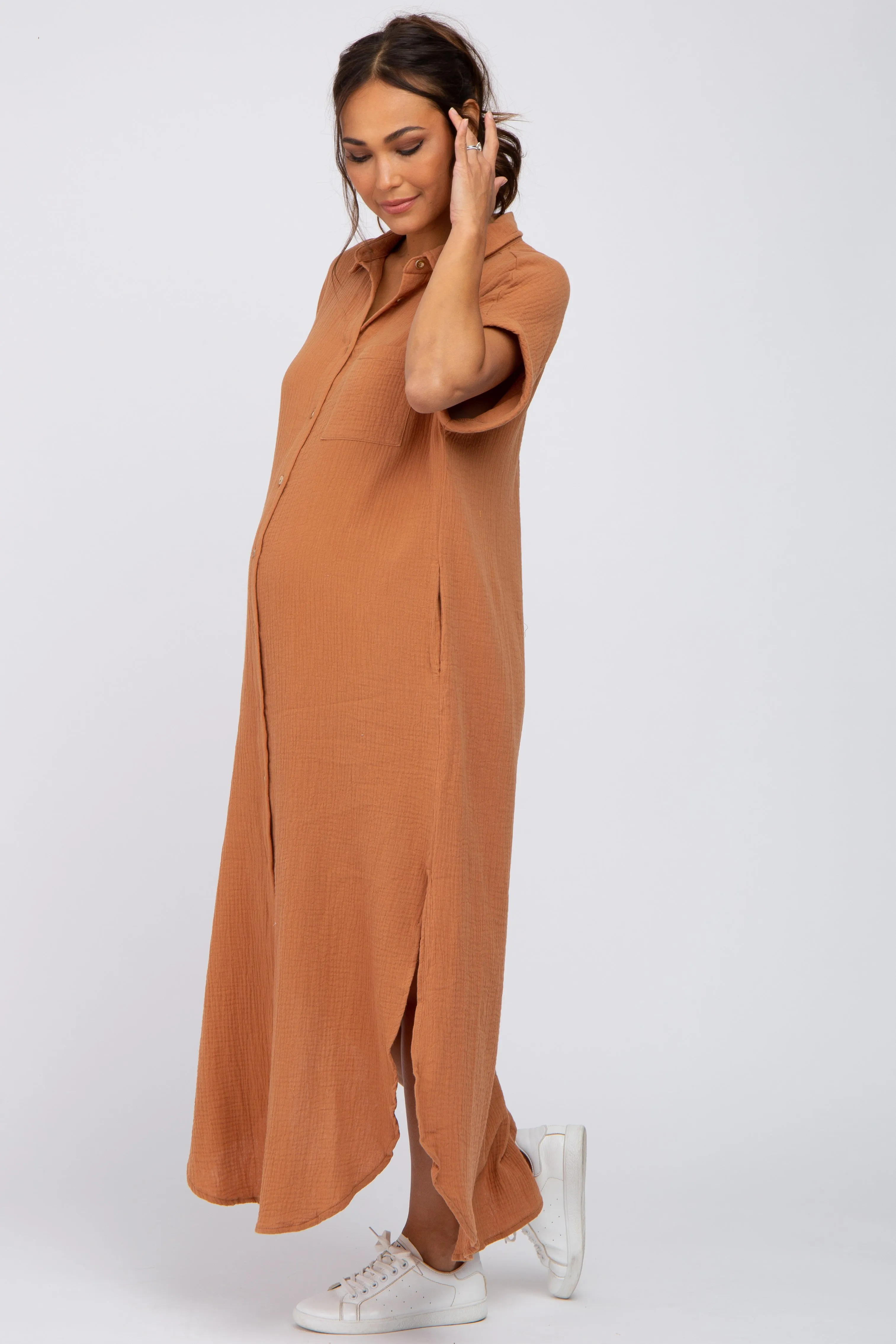 Camel Button Down Maternity Midi Dress sold by Pinkblush product image thumbnail 2