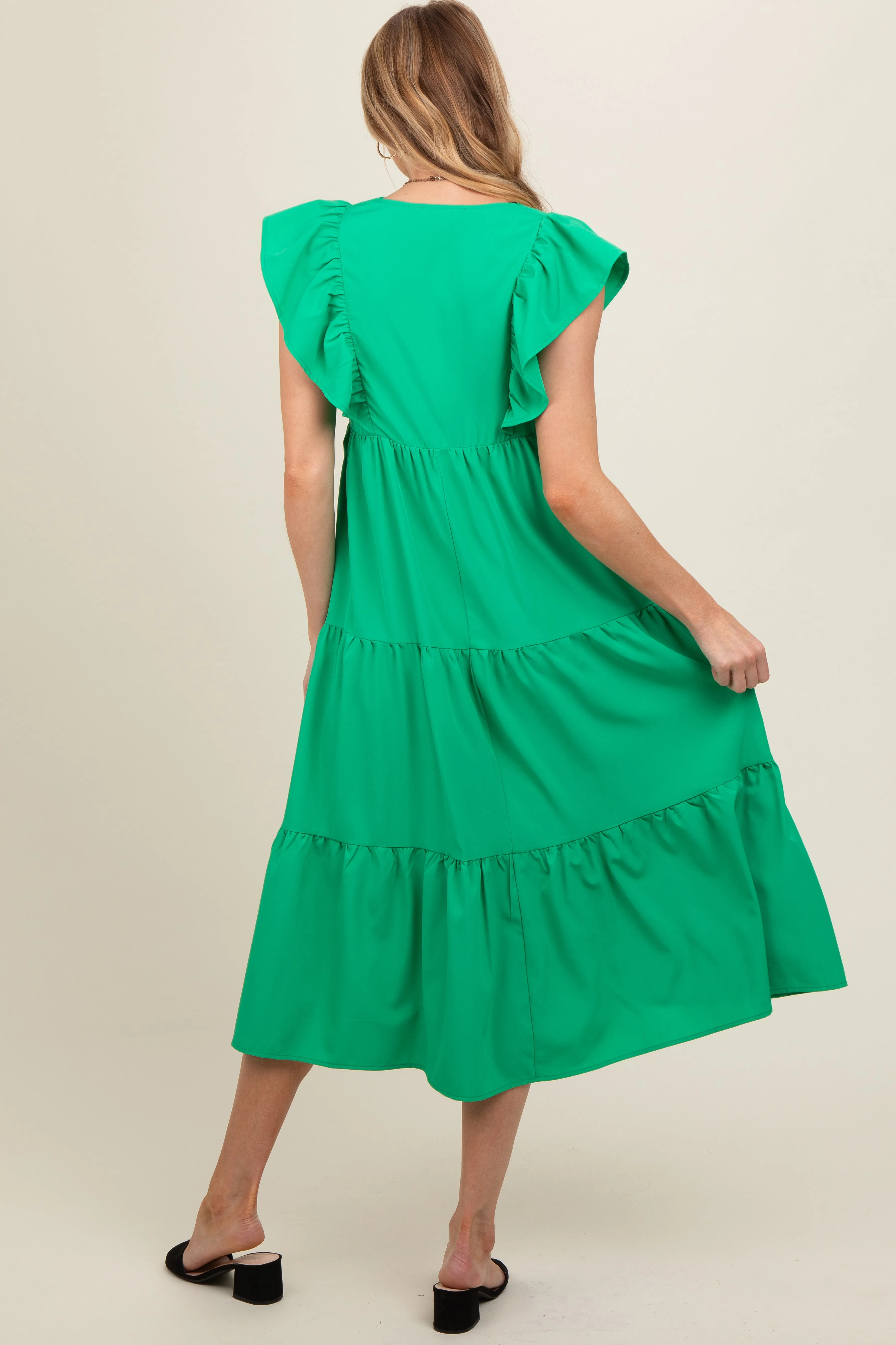 Green Flutter Sleeve Tiered Maternity Midi Dress sold by Pinkblush product image thumbnail 3
