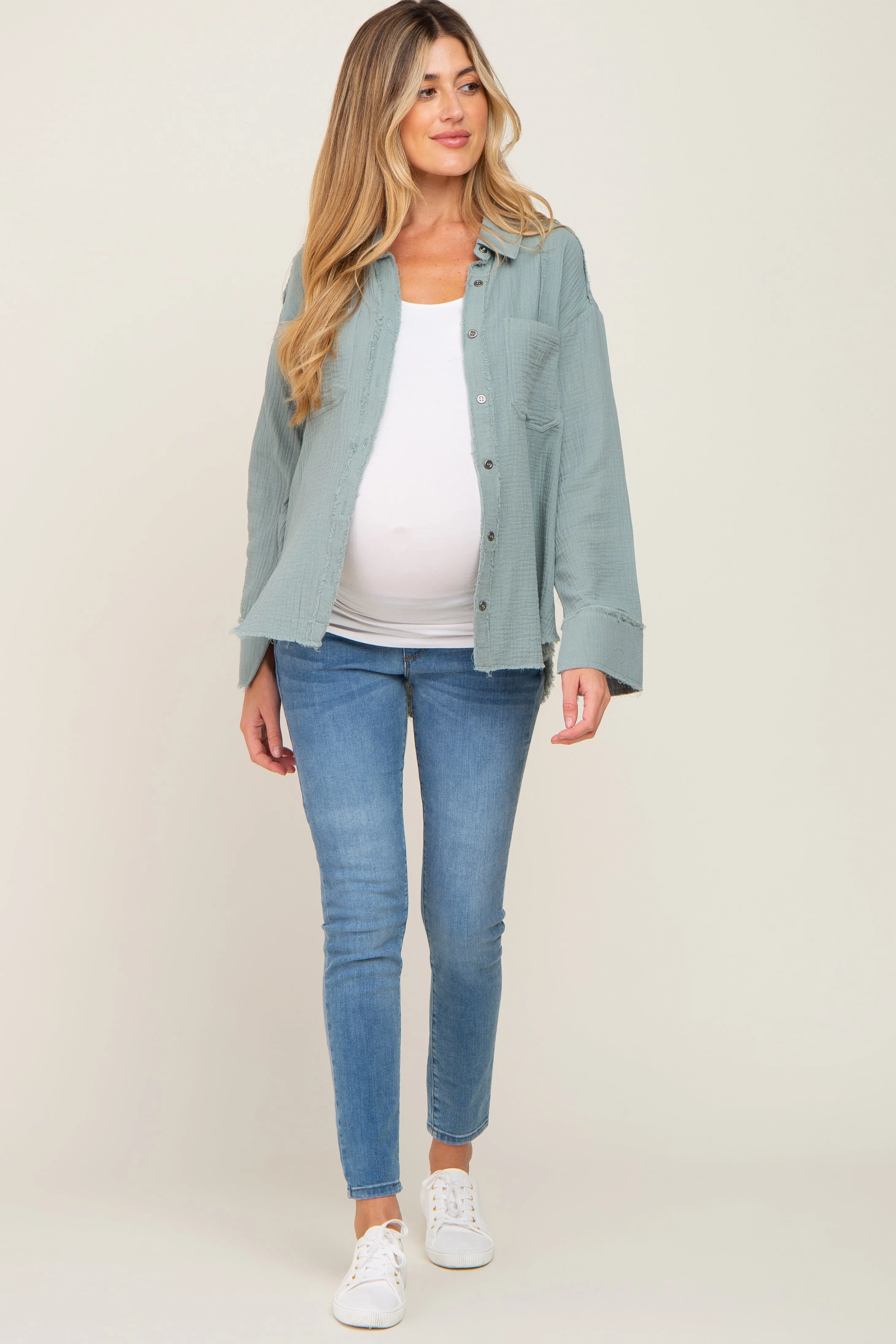 Green Button Down Collared Frayed Maternity Top sold by Pinkblush