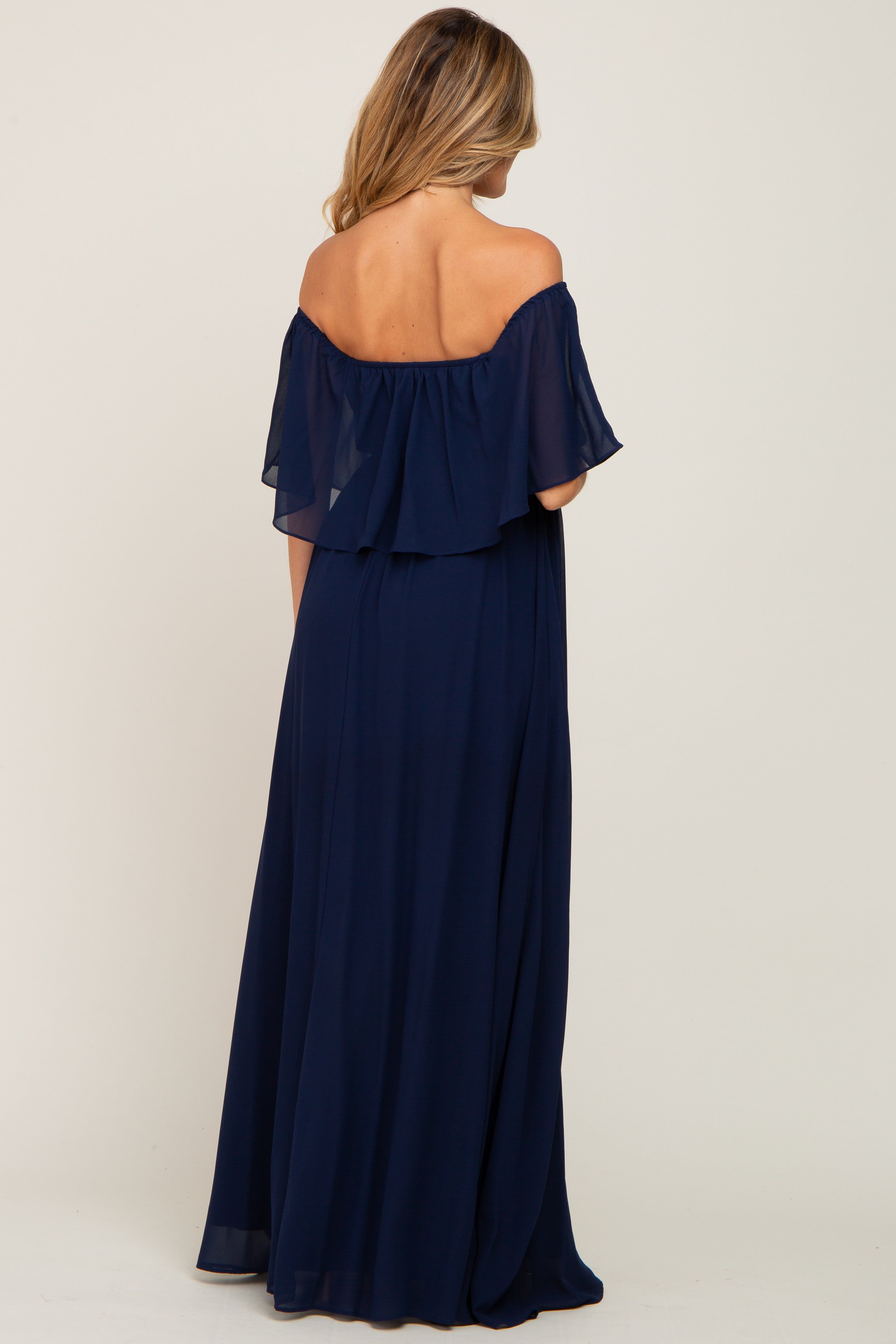 Navy Blue Chiffon Off Shoulder Maternity Maxi Dress sold by Pinkblush product image thumbnail 3