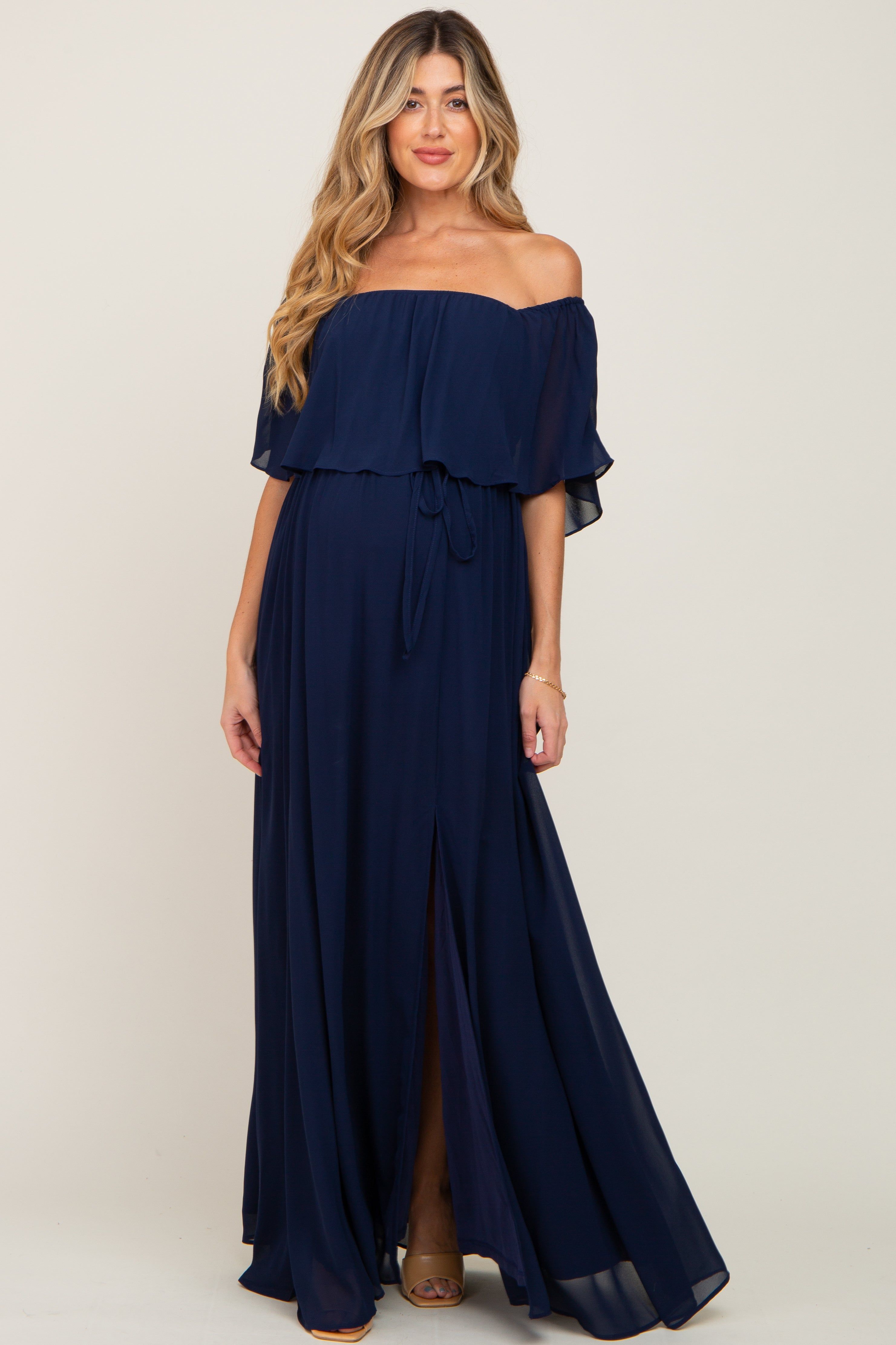 Navy Blue Chiffon Off Shoulder Maternity Maxi Dress sold by Pinkblush