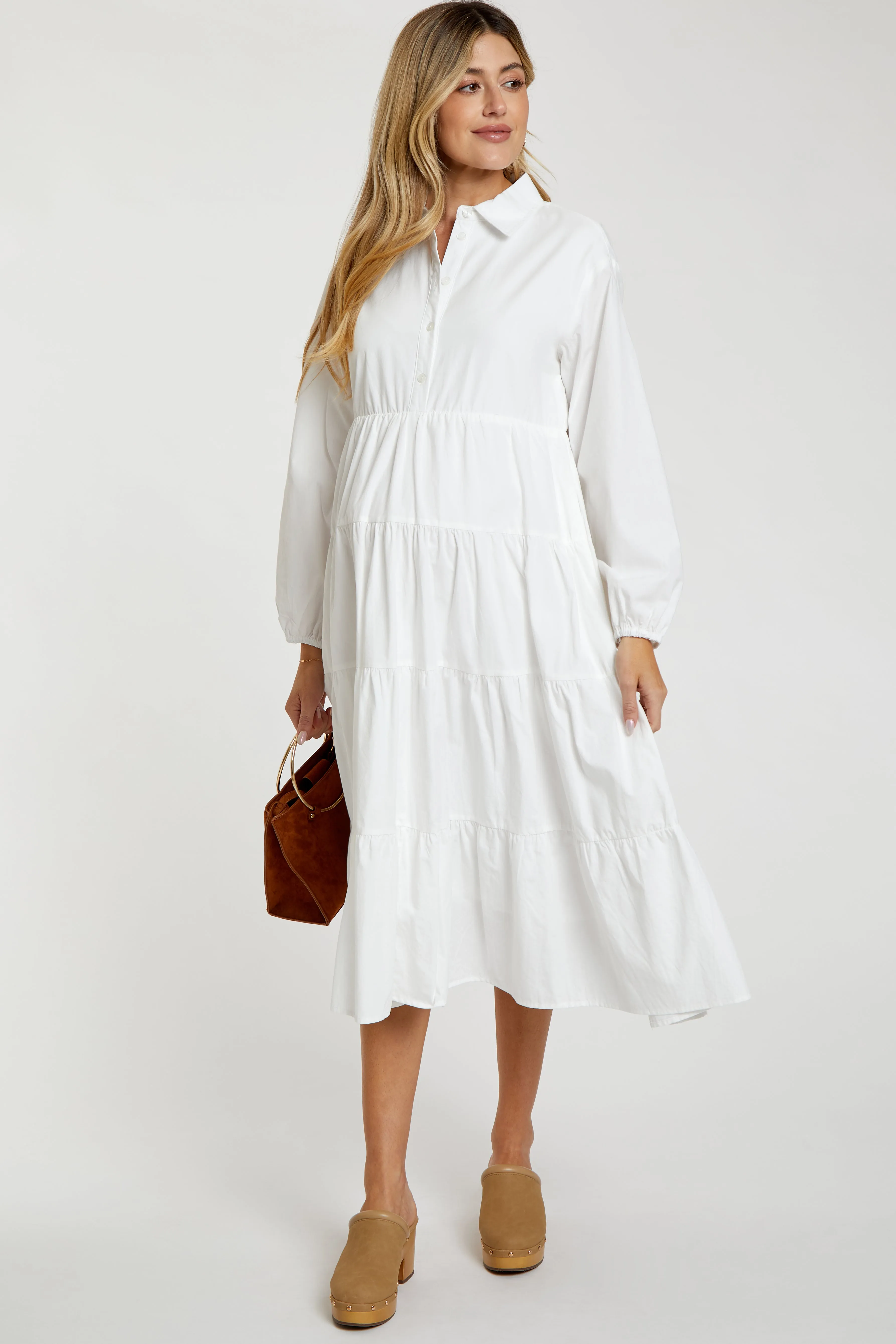 White Tiered Collared Maternity Midi Dress sold by Pinkblush product image thumbnail 2