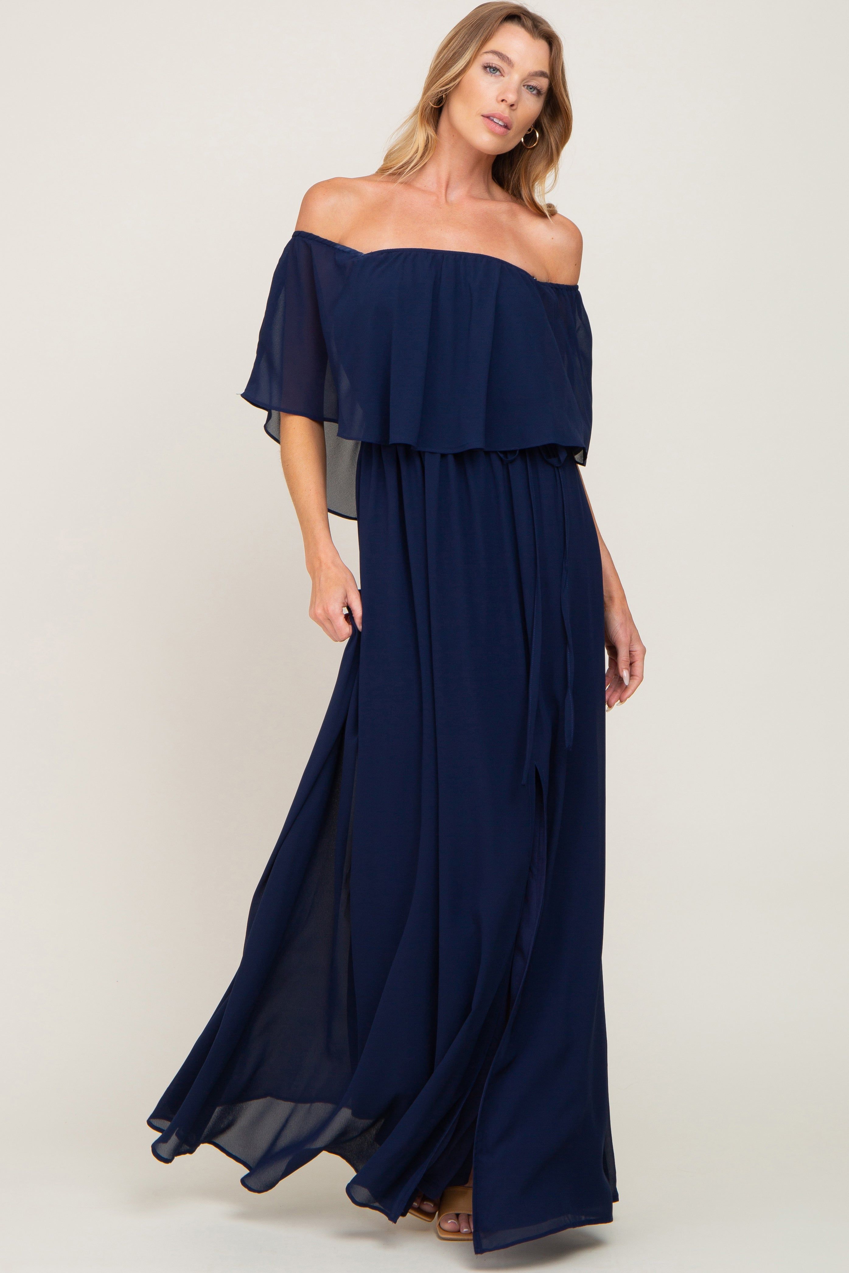 Navy Blue Chiffon Off Shoulder Maternity Maxi Dress sold by Pinkblush product image thumbnail 4
