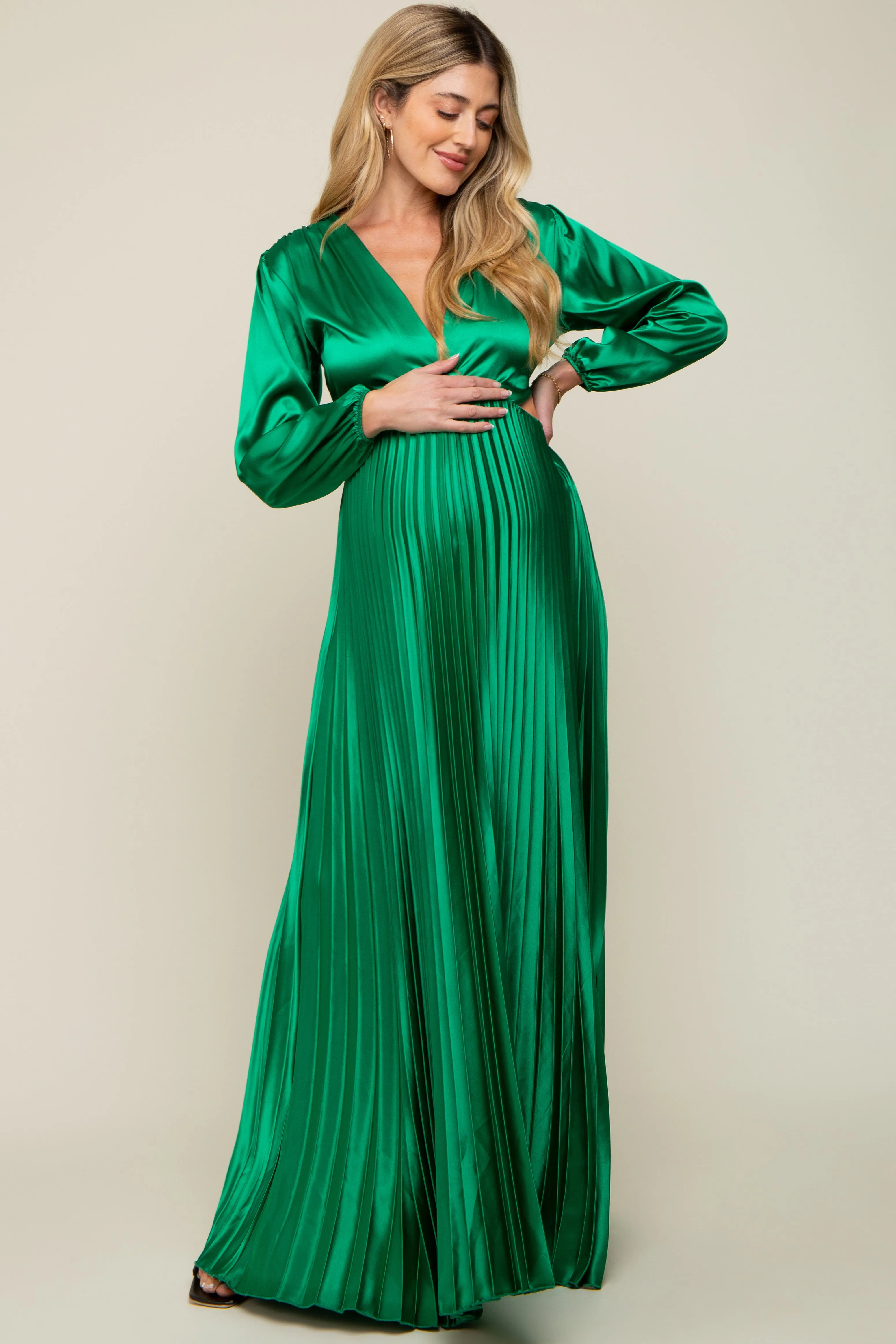 Green Satin Low Back Cutout Pleated Maternity Maxi Dress sold by Pinkblush product image thumbnail 4