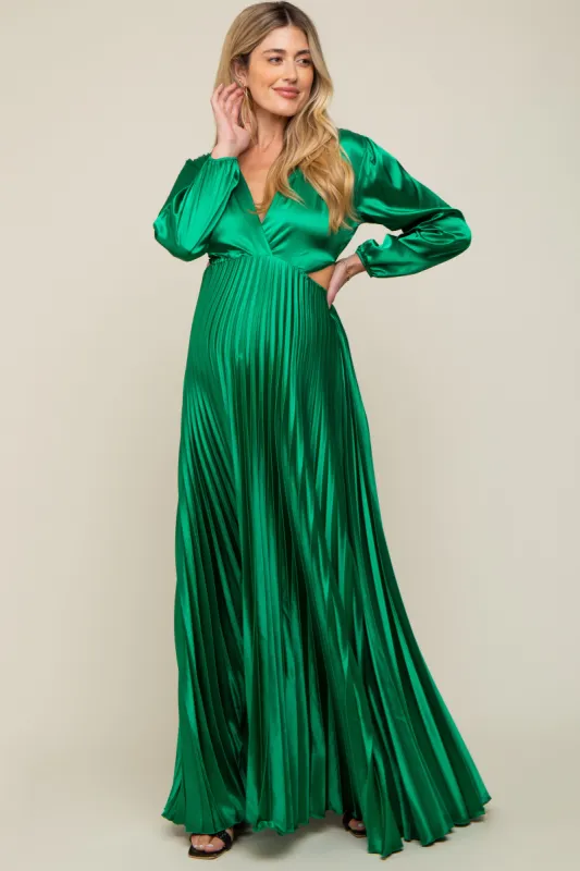 Green Satin Low Back Cutout Pleated Maternity Maxi Dress sold by Pinkblush