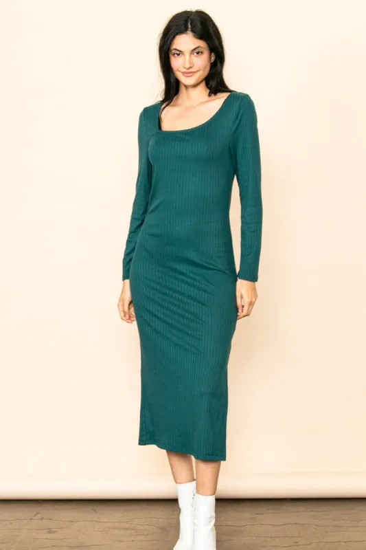 Forest Green Ribbed Side Slit Midi Dress sold by Pinkblush