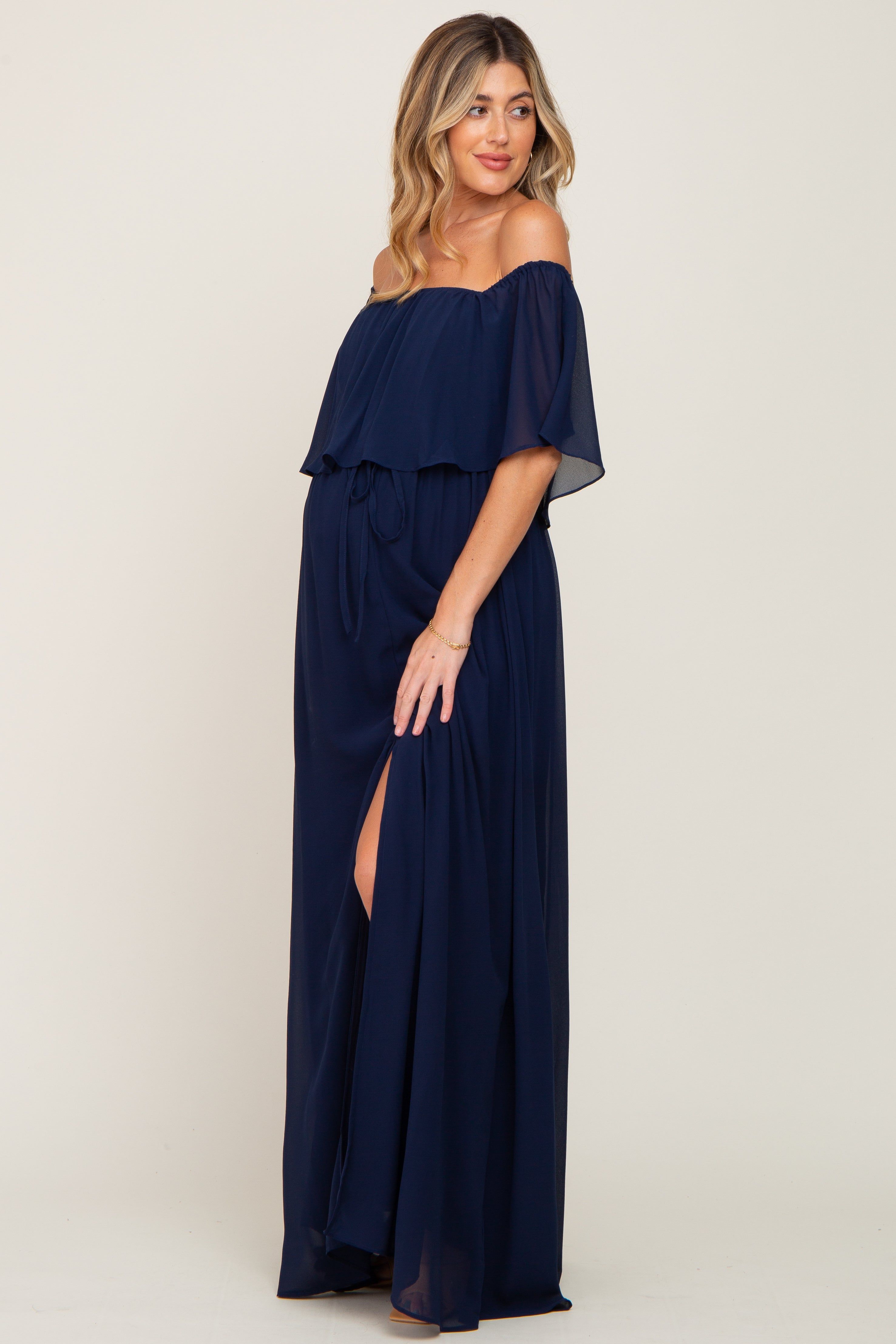 Navy Blue Chiffon Off Shoulder Maternity Maxi Dress sold by Pinkblush product image thumbnail 2