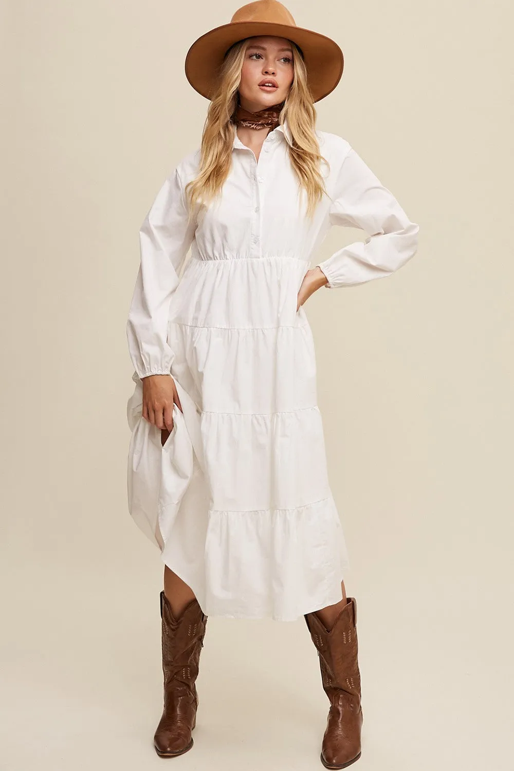 White Tiered Collared Maternity Midi Dress sold by Pinkblush product image thumbnail 4