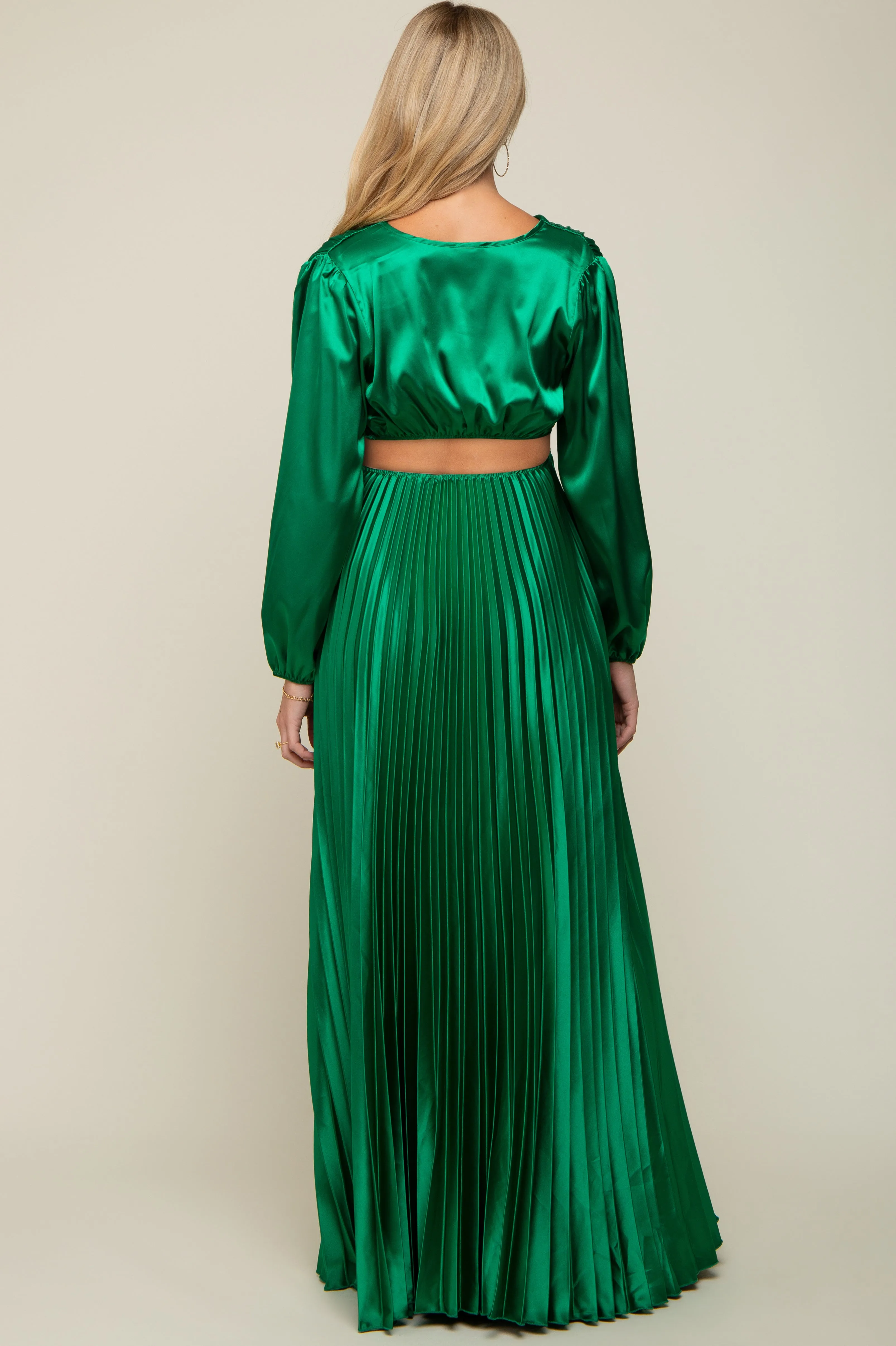 Green Satin Low Back Cutout Pleated Maternity Maxi Dress sold by Pinkblush product image thumbnail 2