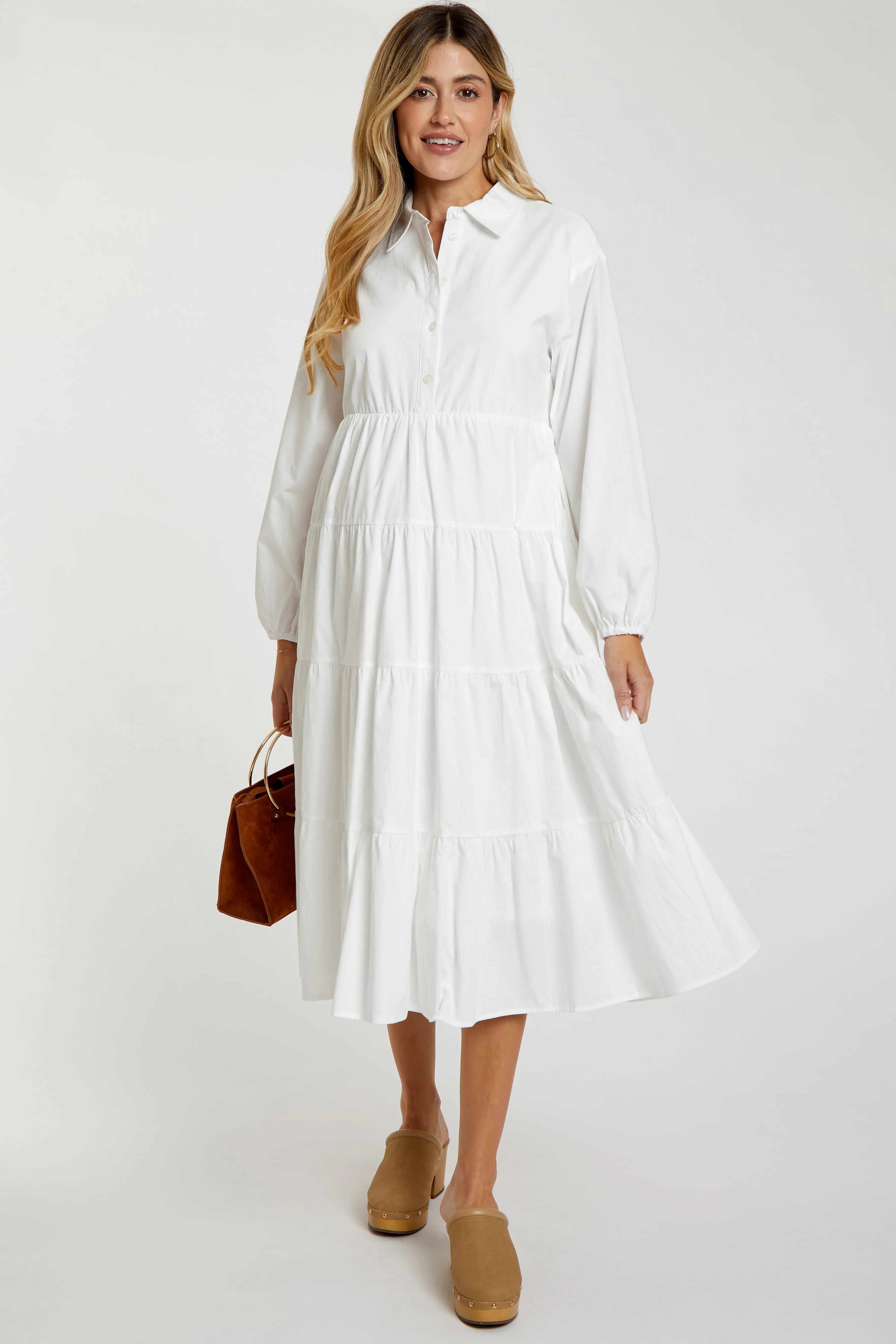 White Tiered Collared Maternity Midi Dress sold by Pinkblush