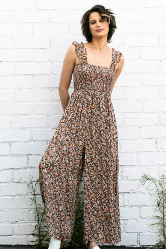 Mocha Sleeveless Floral Smocked Ruffle Jumpsuit sold by Pinkblush