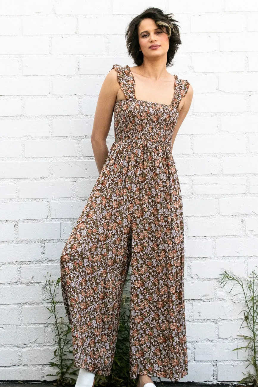 Mocha Sleeveless Floral Smocked Ruffle Jumpsuit sold by Pinkblush