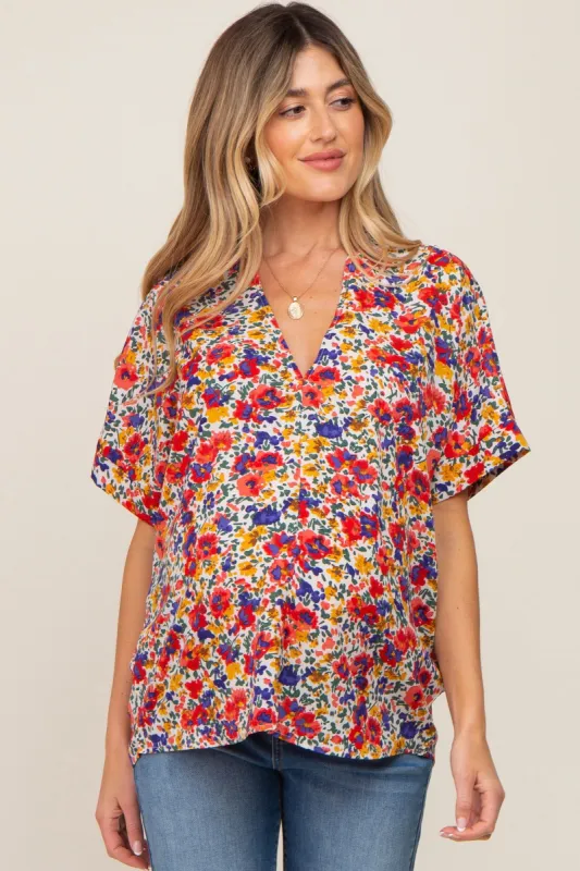 Ivory Floral V-Neck Short Dolman Sleeve Maternity Top sold by Pinkblush