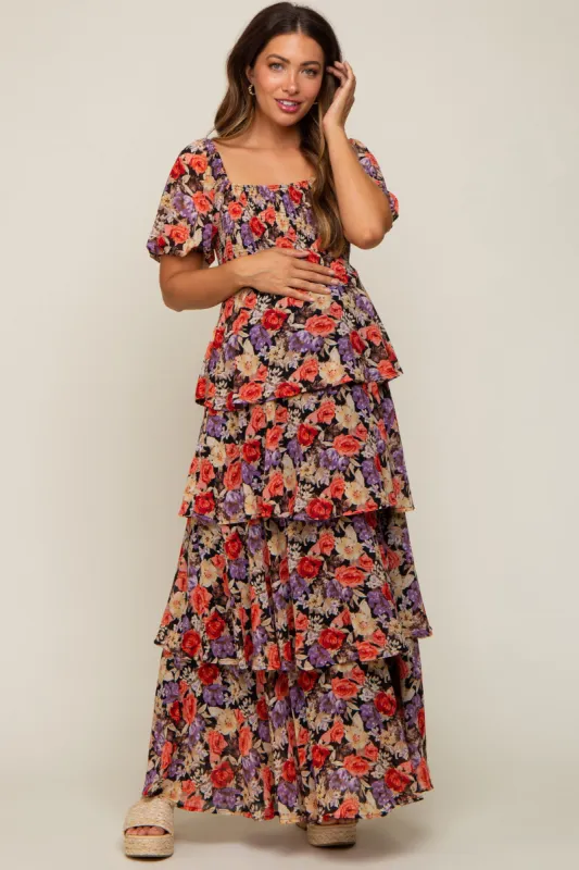 Black Floral Smocked Square Neck Ruffle Layered Maternity Maxi Dress sold by Pinkblush