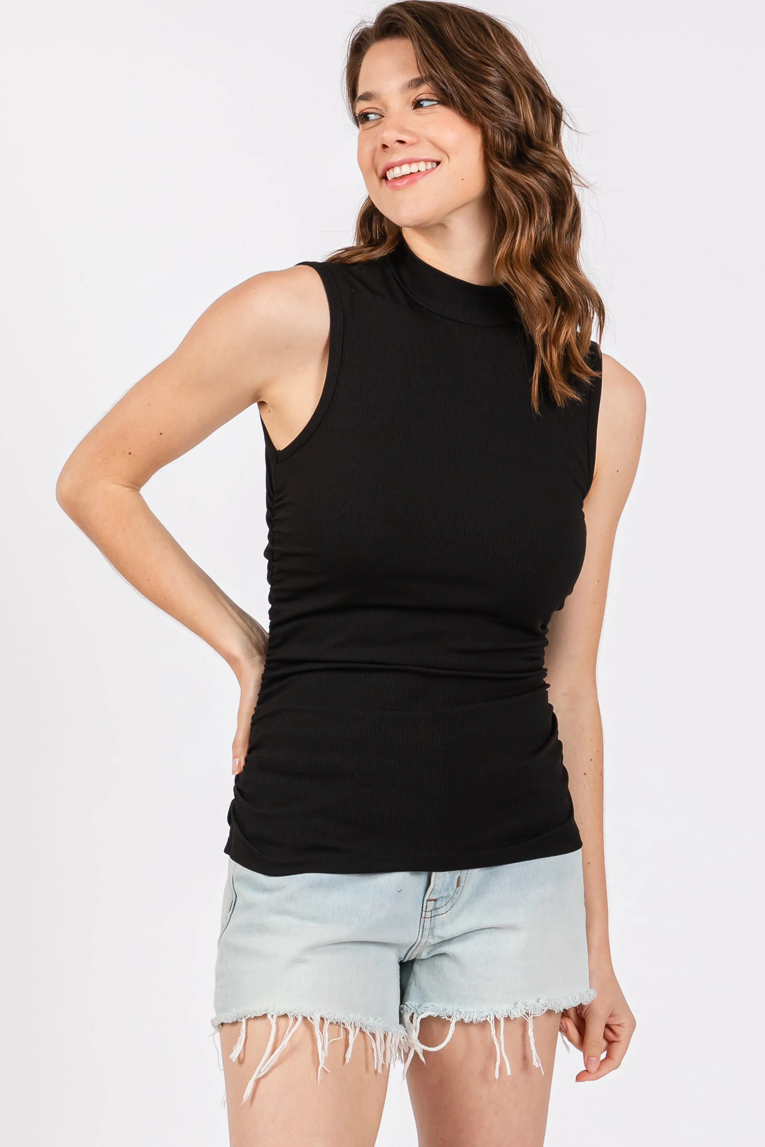 Black Ribbed Mock Neck Ruched Side Sleeveless Maternity Top sold by Pinkblush product image thumbnail 4