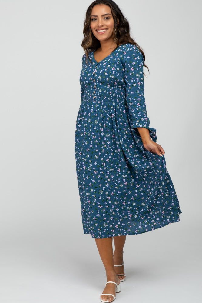 Dark Teal Floral Button Front Midi Dress sold by Pinkblush product image thumbnail 2
