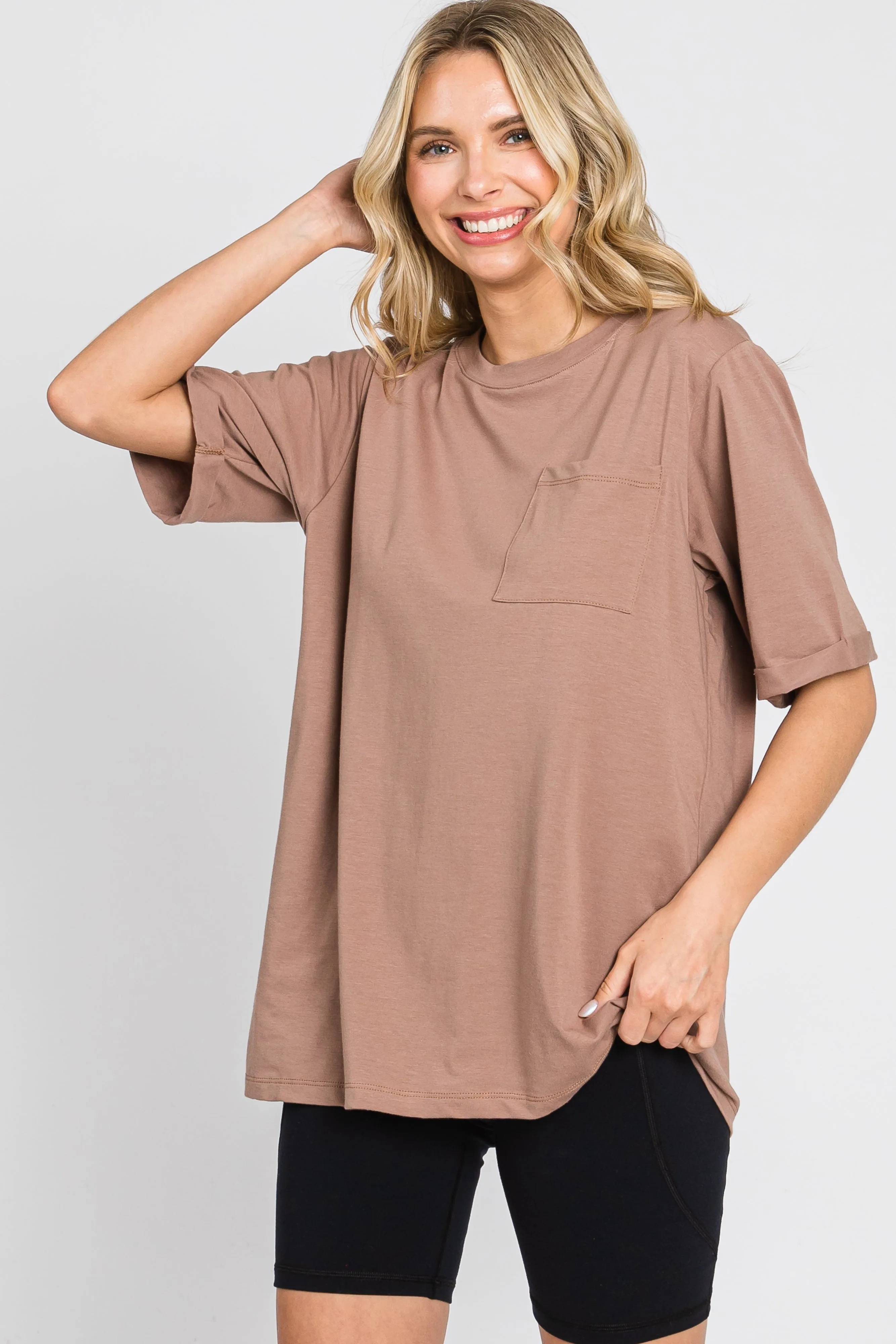 Mocha Oversized Front Pocket Cuffed Short Sleeve Top sold by Pinkblush