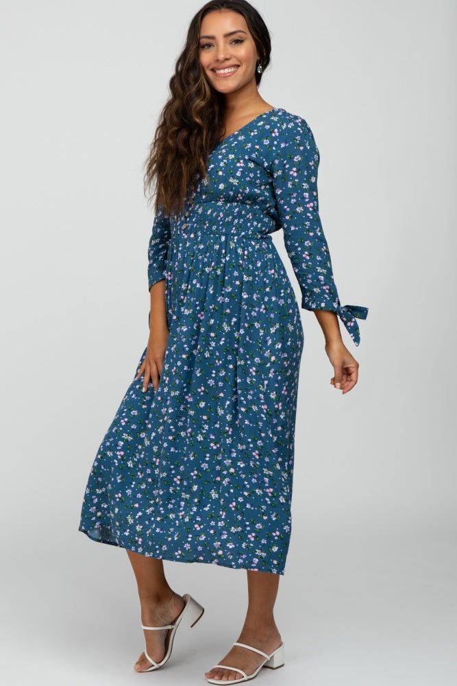 Dark Teal Floral Button Front Midi Dress sold by Pinkblush product image thumbnail 3