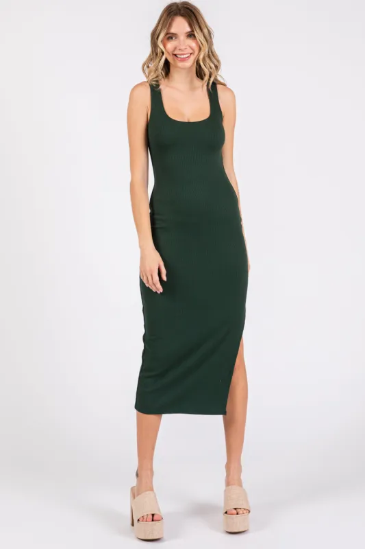 Forest Green Ribbed Knit Sleeveless Side Slit Dress sold by Pinkblush