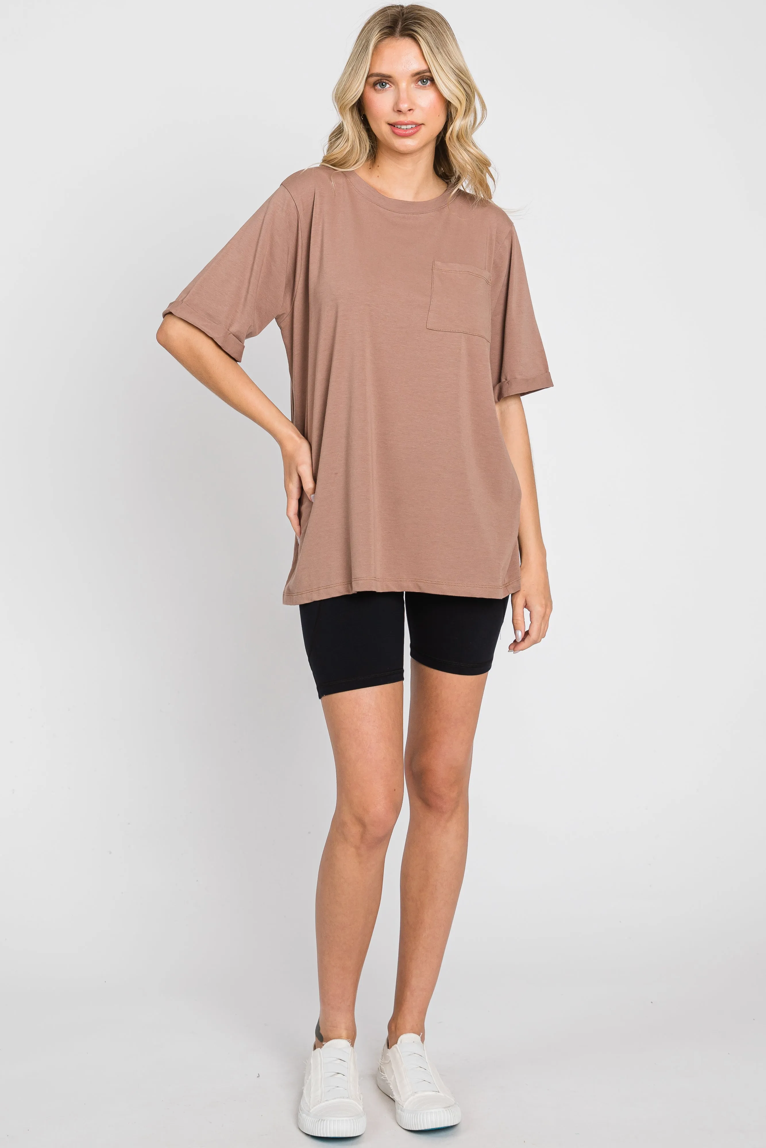Mocha Oversized Front Pocket Cuffed Short Sleeve Top sold by Pinkblush product image thumbnail 4