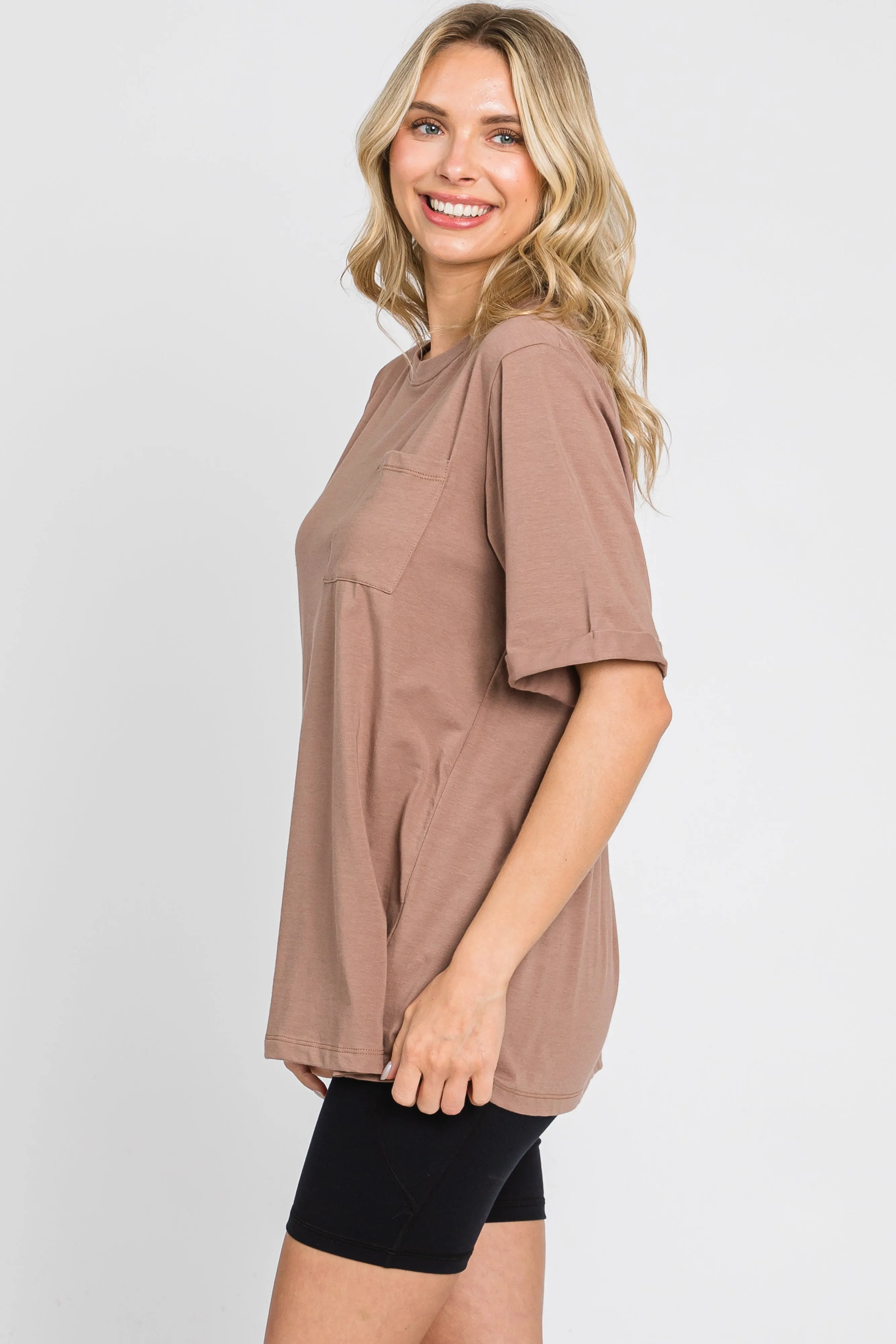 Mocha Oversized Front Pocket Cuffed Short Sleeve Top sold by Pinkblush product image thumbnail 2