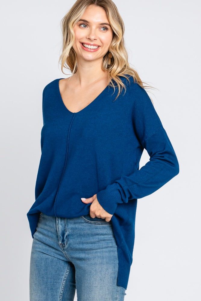 Royal Blue Long Sleeve Side Slit Sweater sold by Pinkblush